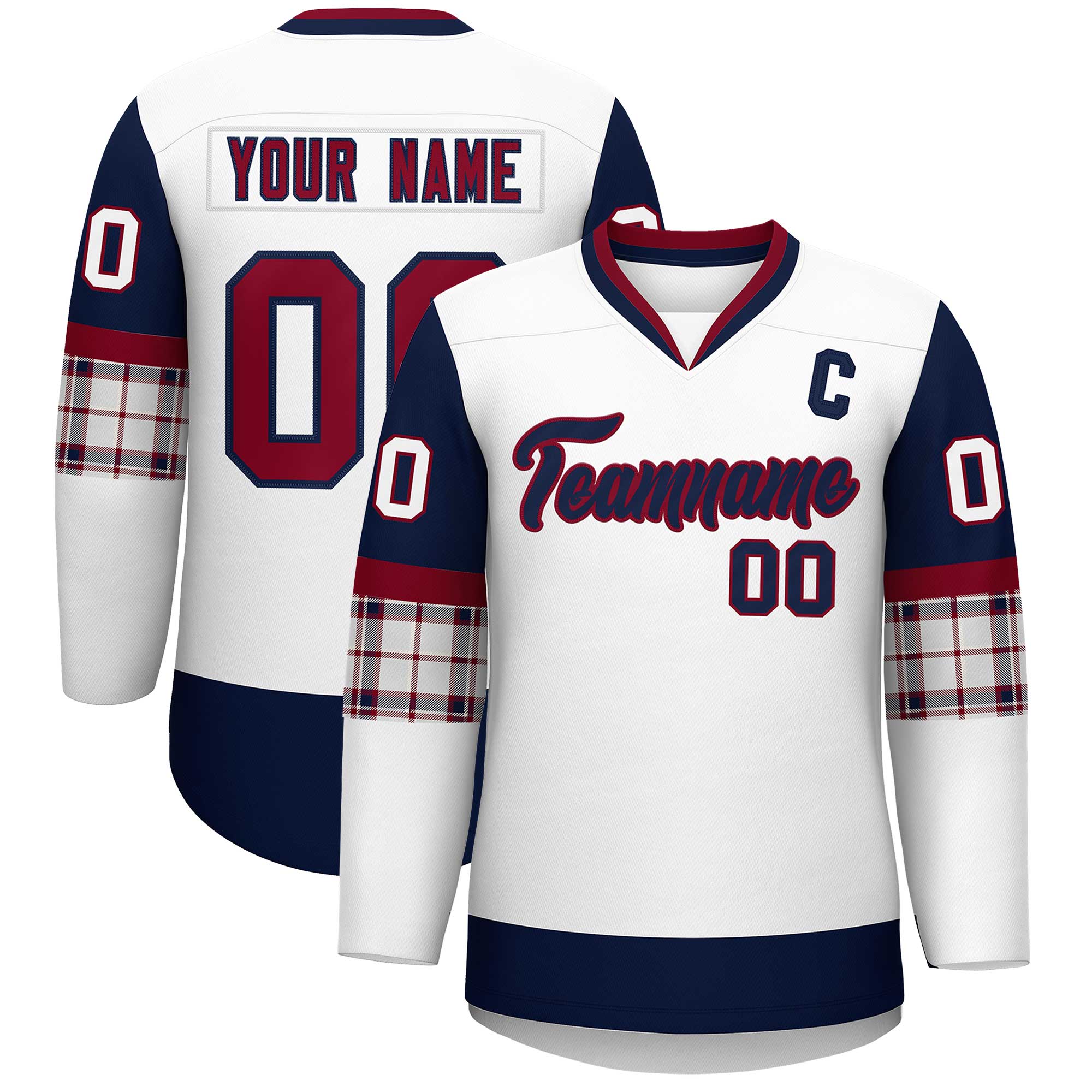 Custom White Navy-Crimson Personalized Raglan Sleeves V-Neck Hockey Jersey | KXKSHOP