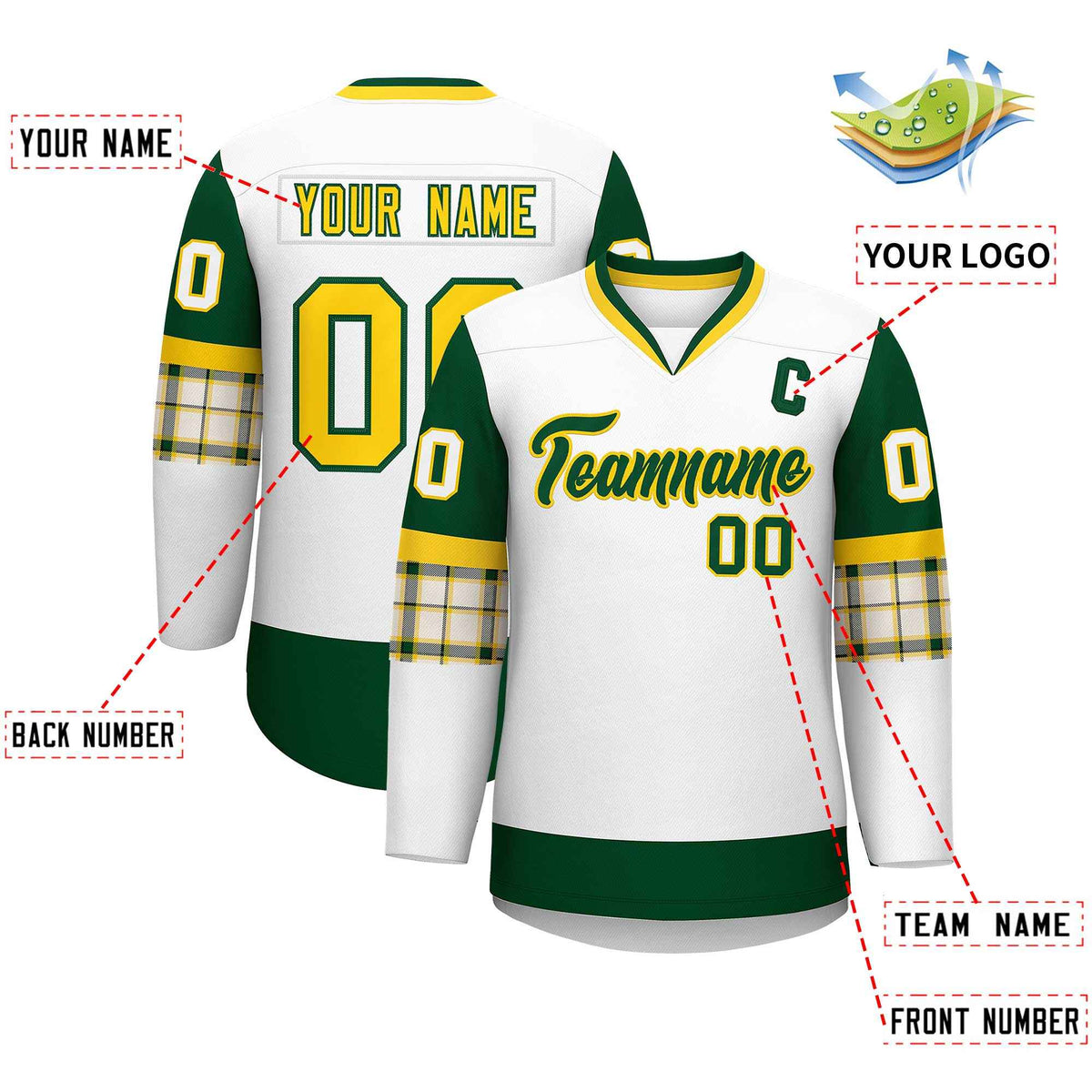 Custom White Green-Yellow Personalized Raglan Sleeves V-Neck Hockey Jersey | KXKSHOP
