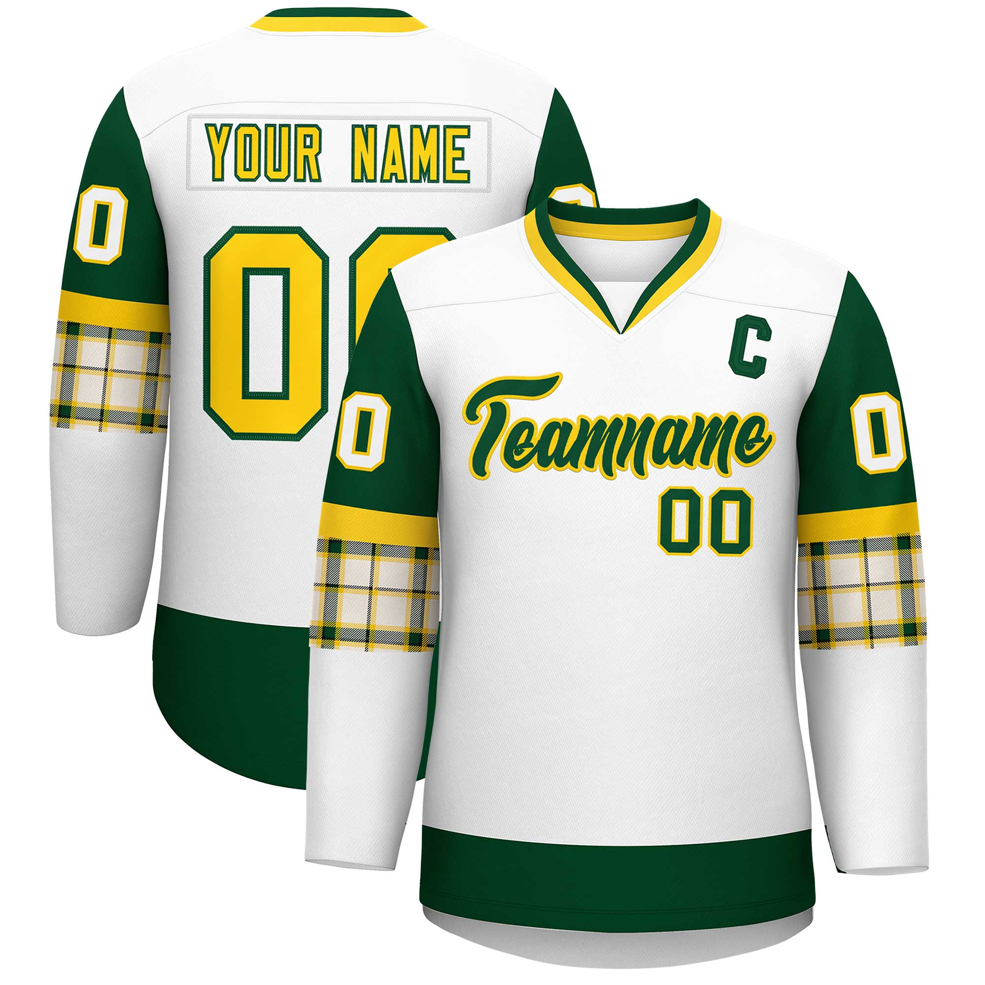 Custom White Green-Yellow Personalized Raglan Sleeves V-Neck Hockey Jersey | KXKSHOP