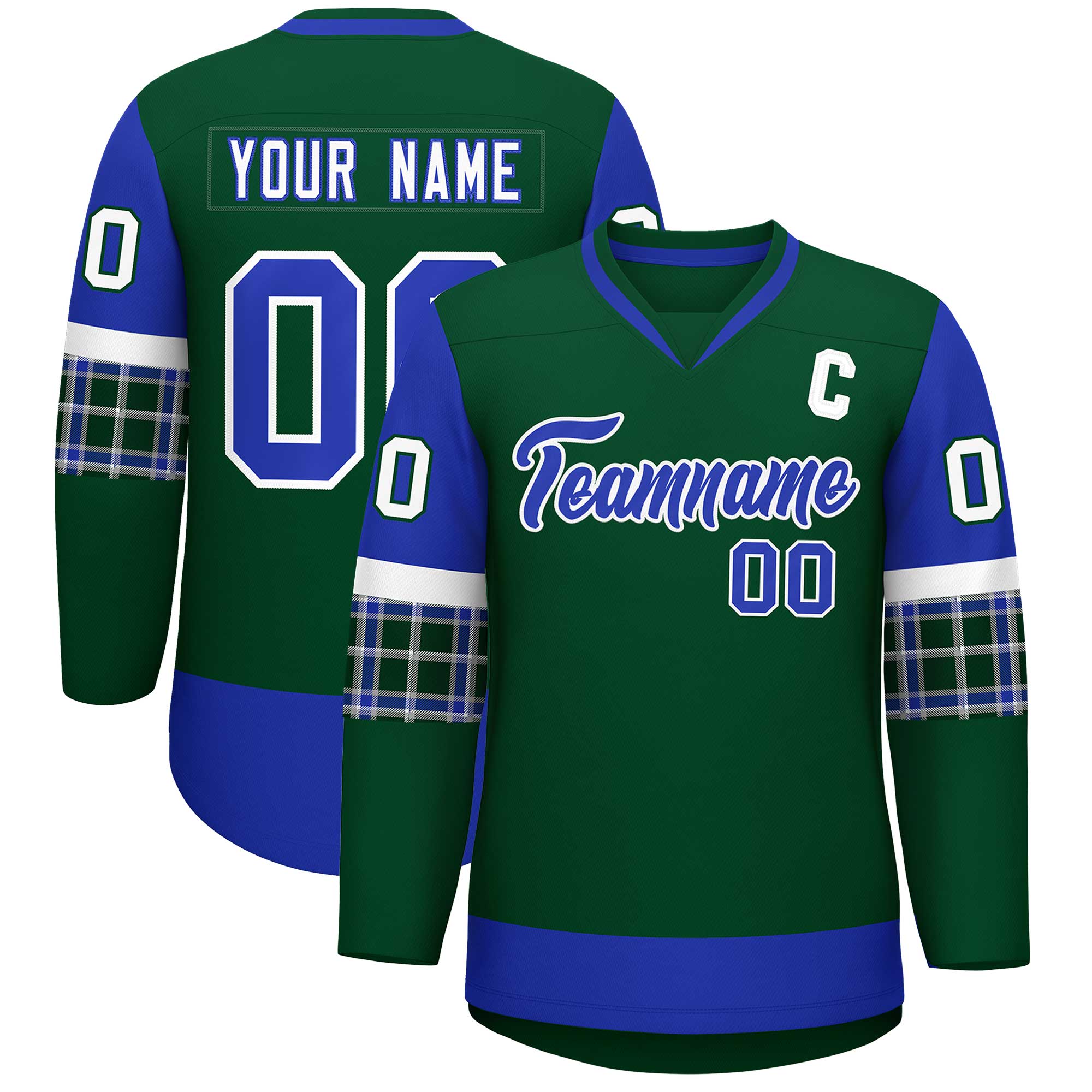 Custom Green Royal-White Personalized Raglan Sleeves V-Neck Hockey Jersey | KXKSHOP