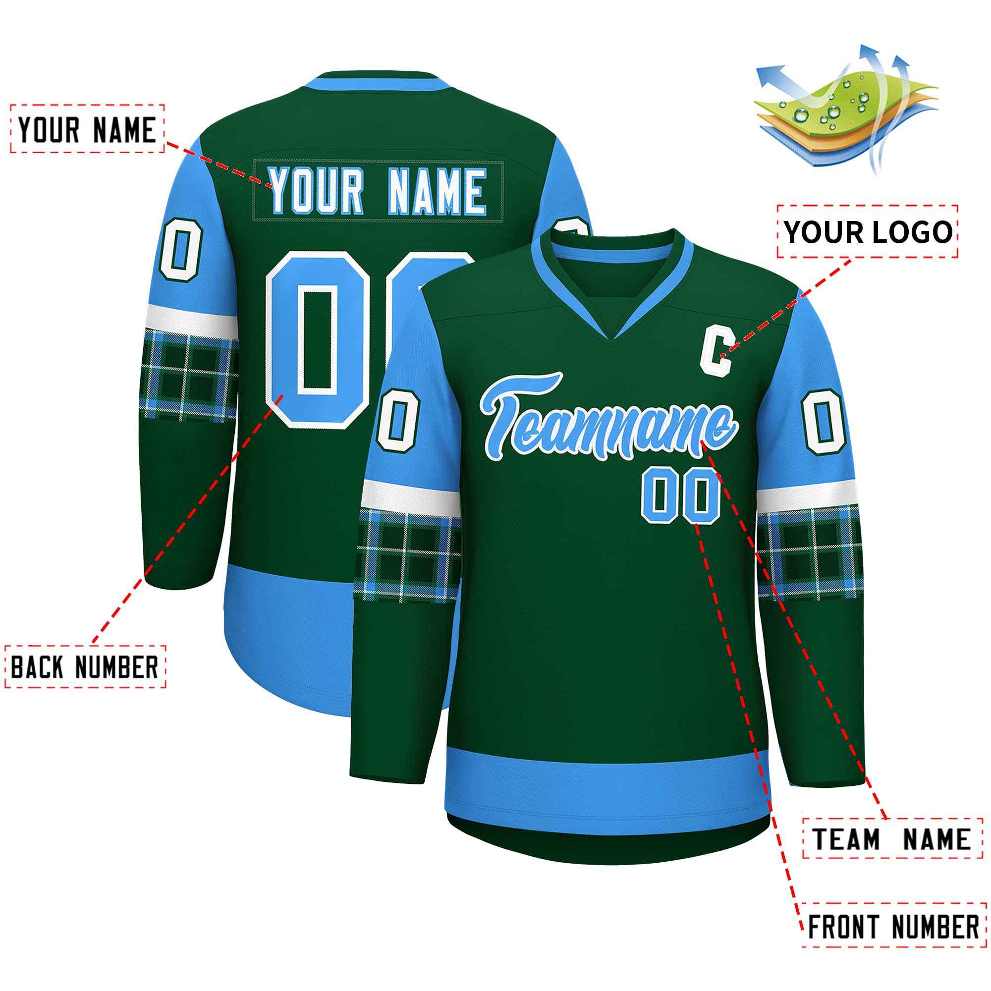 Custom Green Powder Blue-White Personalized Raglan Sleeves V-Neck Hockey Jersey | KXKSHOP