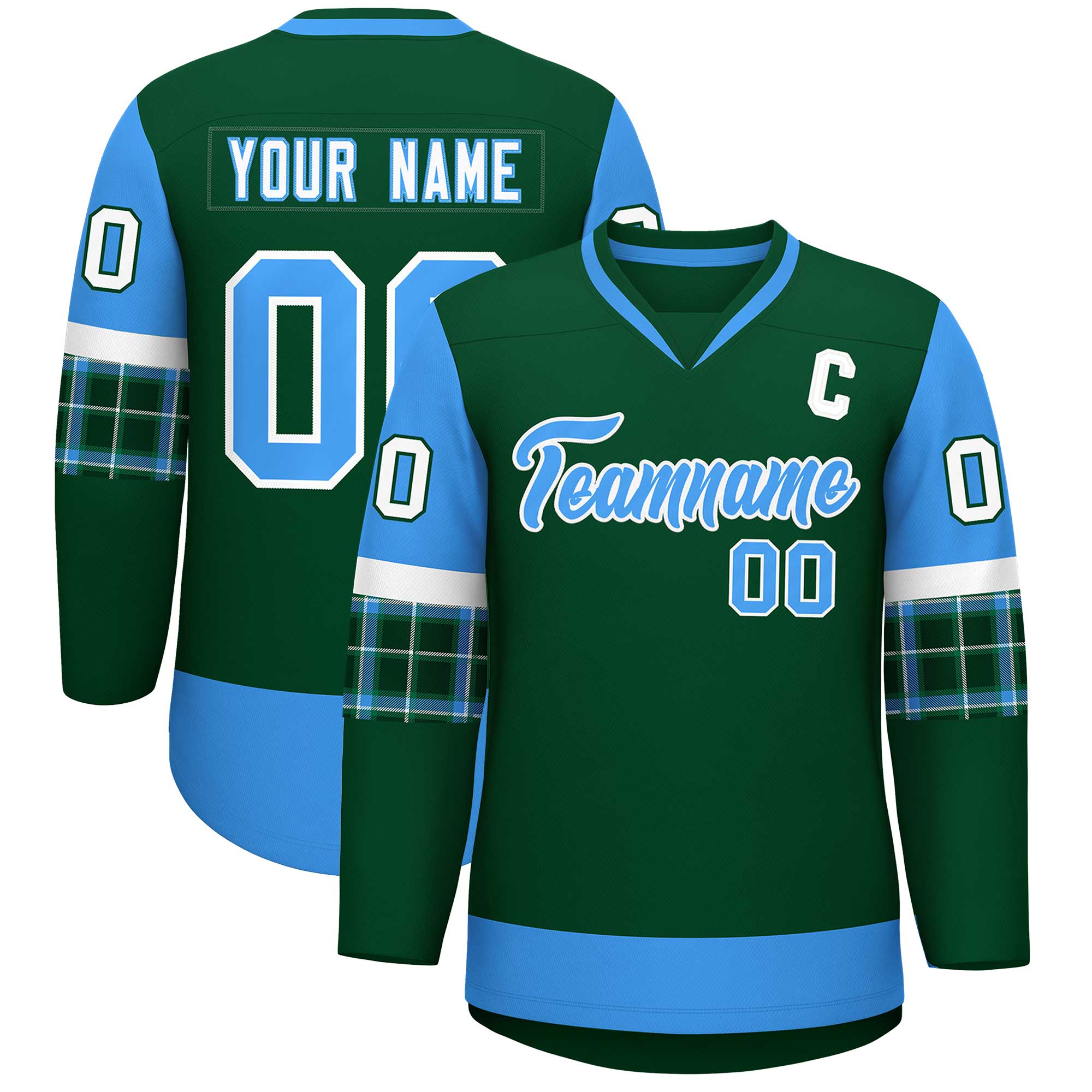 Custom Green Powder Blue-White Personalized Raglan Sleeves V-Neck Hockey Jersey | KXKSHOP