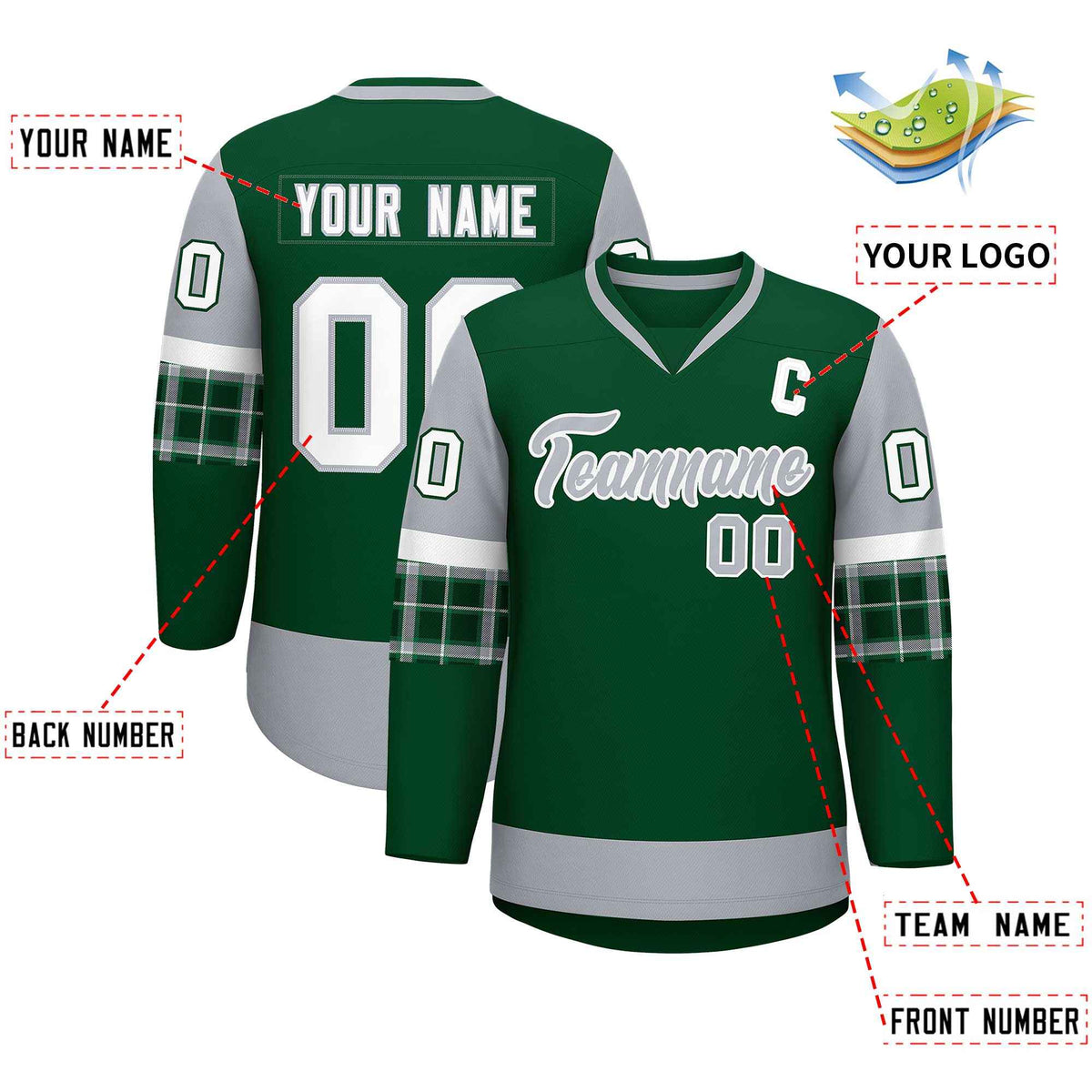 Custom Green Gray-White Personalized Raglan Sleeves V-Neck Hockey Jersey | KXKSHOP