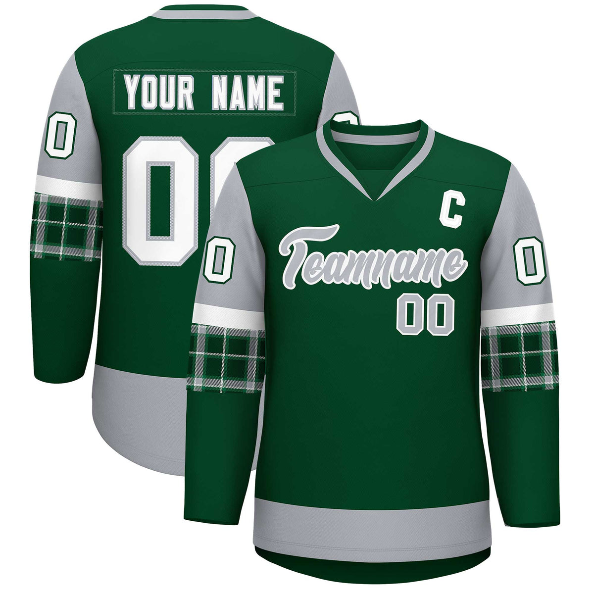Custom Green Gray-White Personalized Raglan Sleeves V-Neck Hockey Jersey | KXKSHOP