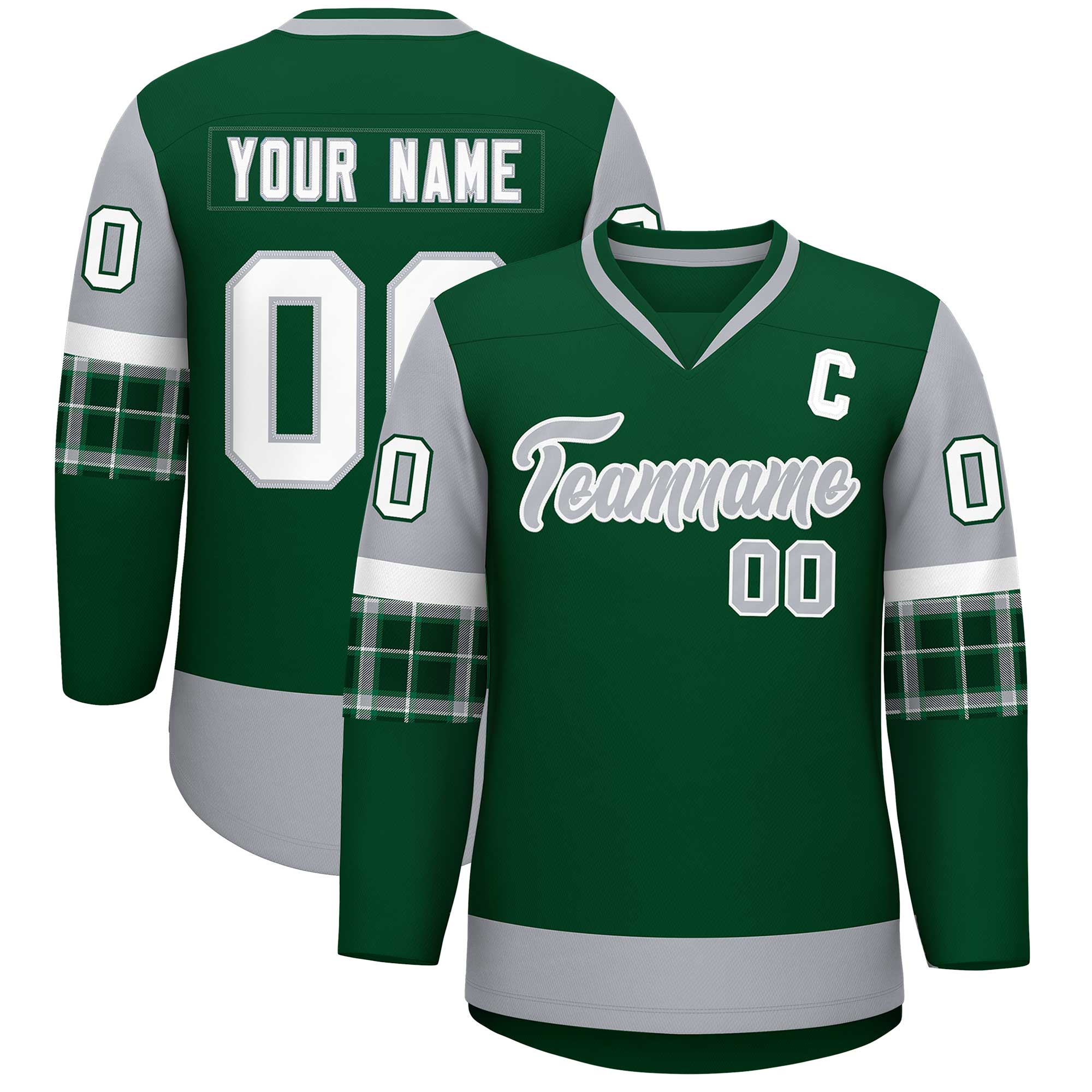 Custom Green Gray-White Personalized Raglan Sleeves V-Neck Hockey Jersey | KXKSHOP