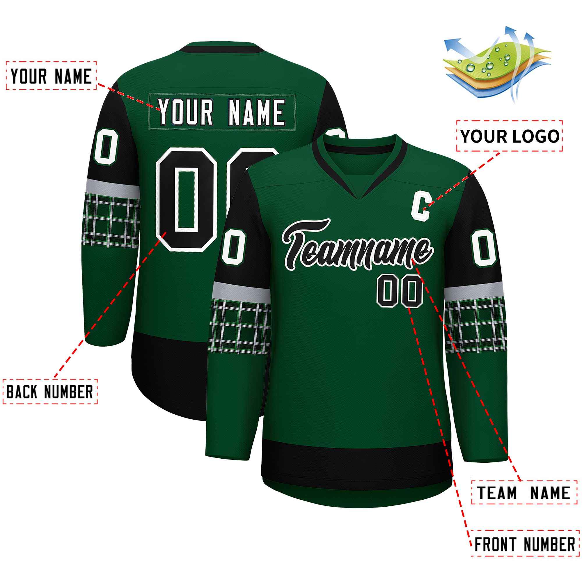 Custom Green Black-White Personalized Raglan Sleeves V-Neck Hockey Jersey | KXKSHOP