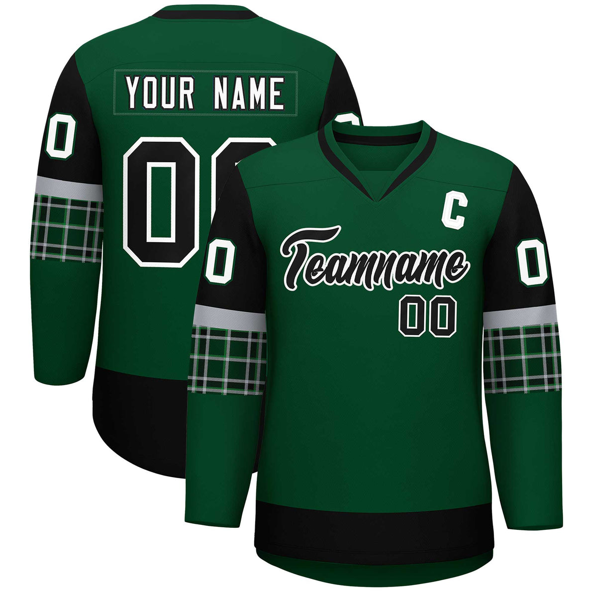Custom Green Black-White Personalized Raglan Sleeves V-Neck Hockey Jersey | KXKSHOP