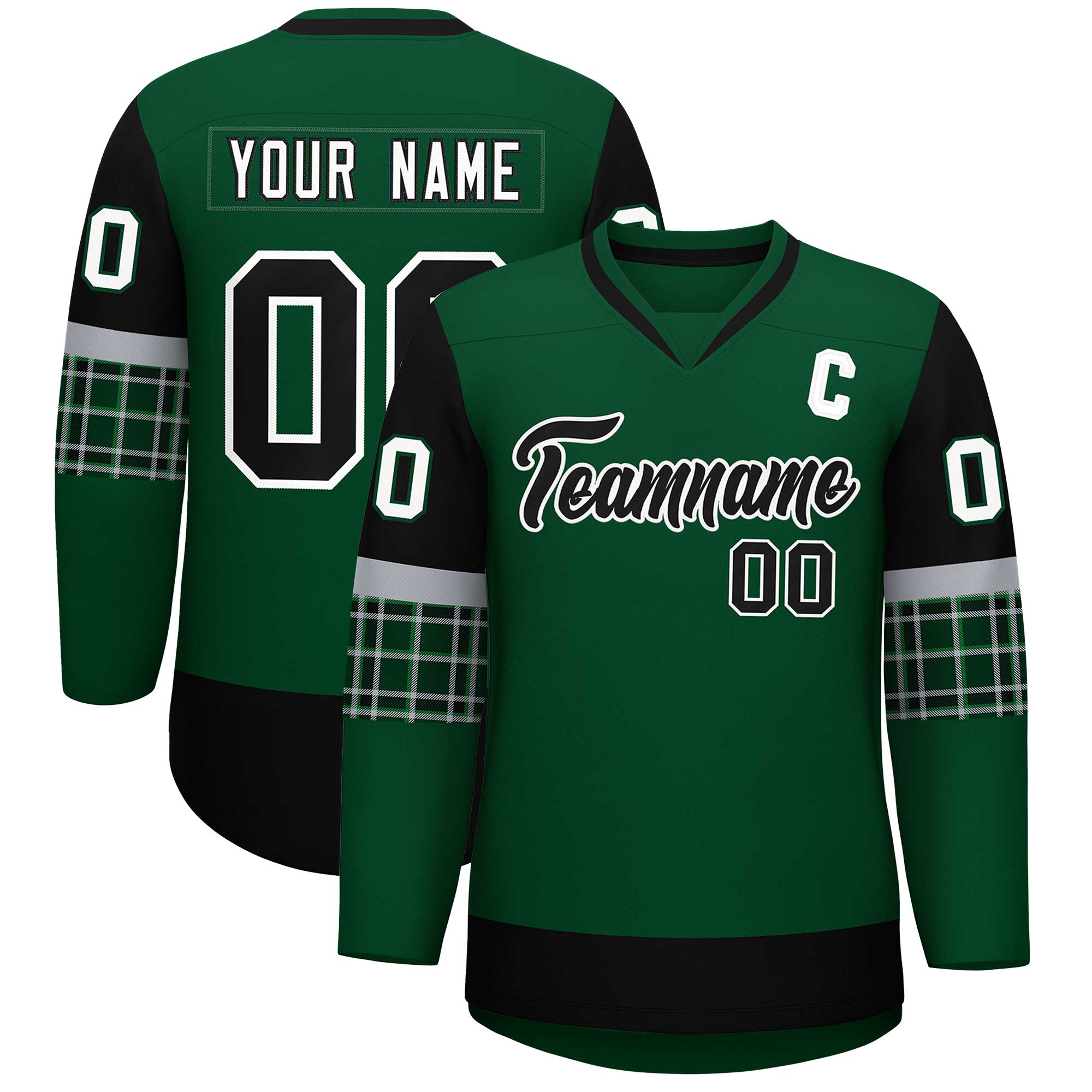 Custom Green Black-White Personalized Raglan Sleeves V-Neck Hockey Jersey | KXKSHOP