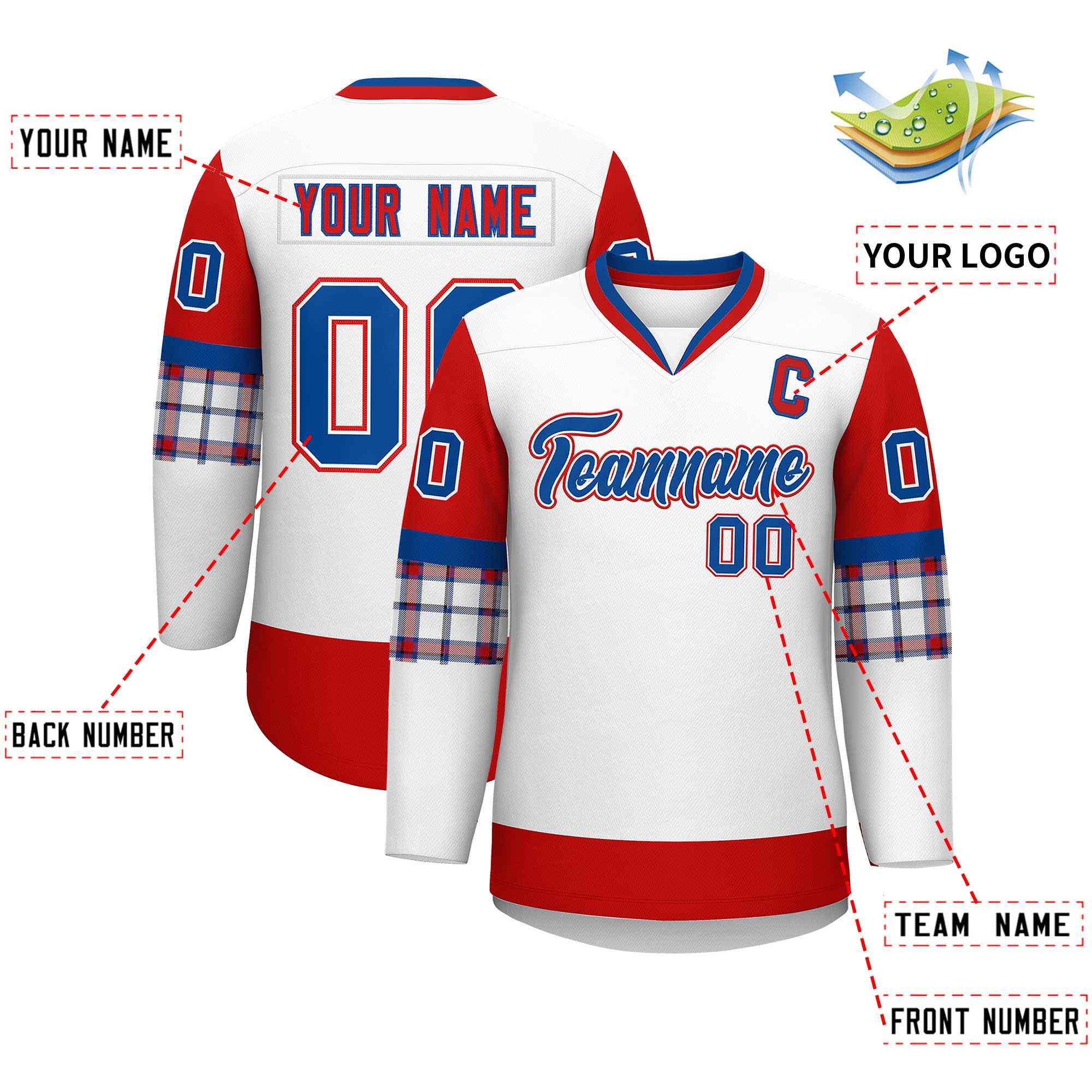 Custom White Red-Royal Personalized Raglan Sleeves V-Neck Hockey Jersey | KXKSHOP