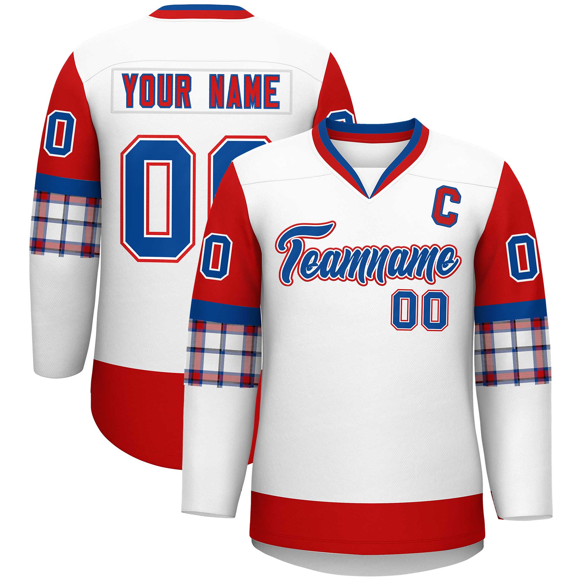 Custom White Red-Royal Personalized Raglan Sleeves V-Neck Hockey Jersey | KXKSHOP