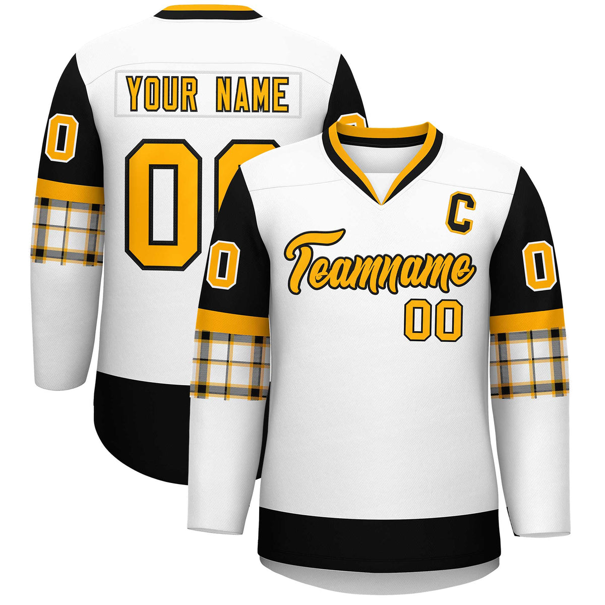 Custom White Black-Yellow Personalized Raglan Sleeves V-Neck Hockey Jersey | KXKSHOP