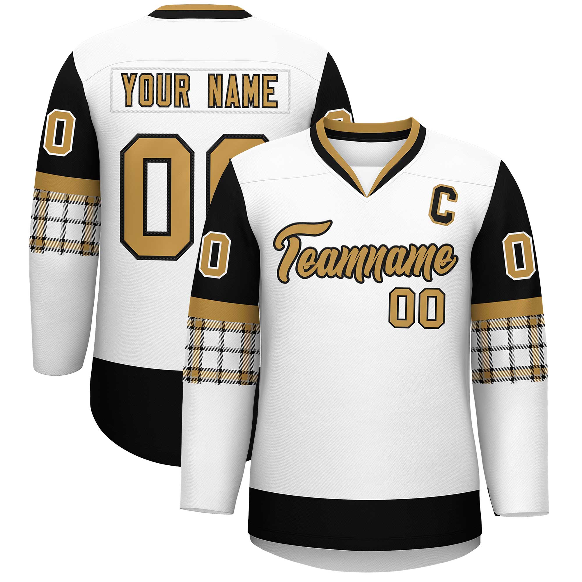 Custom White Black-Old Gold Personalized Raglan Sleeves V-Neck Hockey Jersey | KXKSHOP