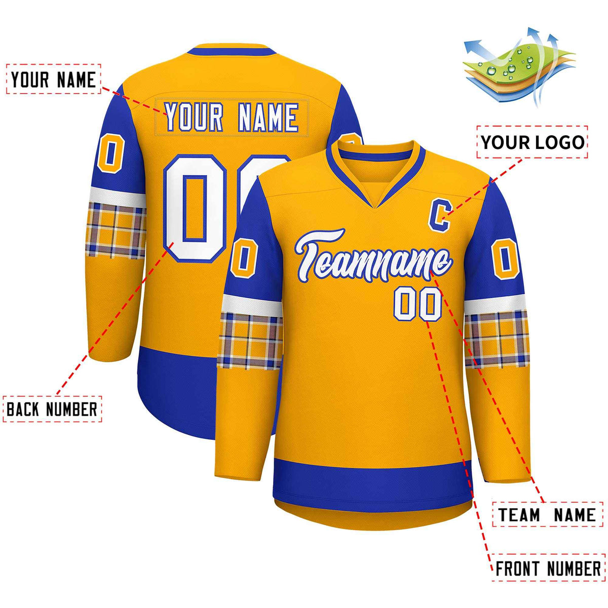 Custom Yellow Royal-White Personalized Raglan Sleeves V-Neck Hockey Jersey | KXKSHOP