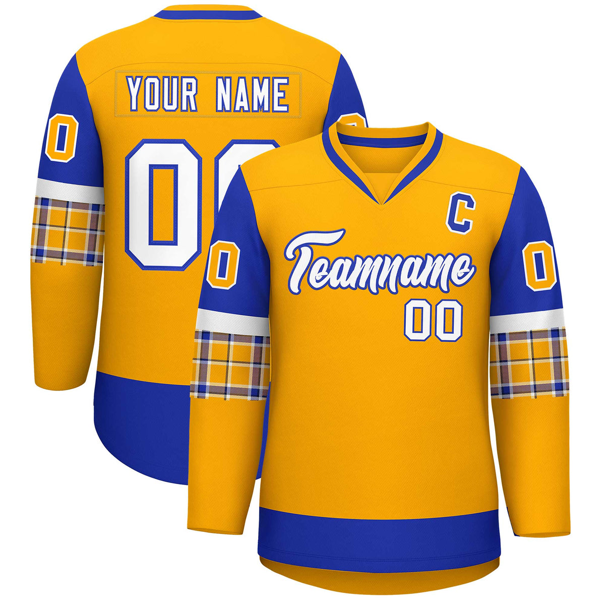 Custom Yellow Royal-White Personalized Raglan Sleeves V-Neck Hockey Jersey | KXKSHOP