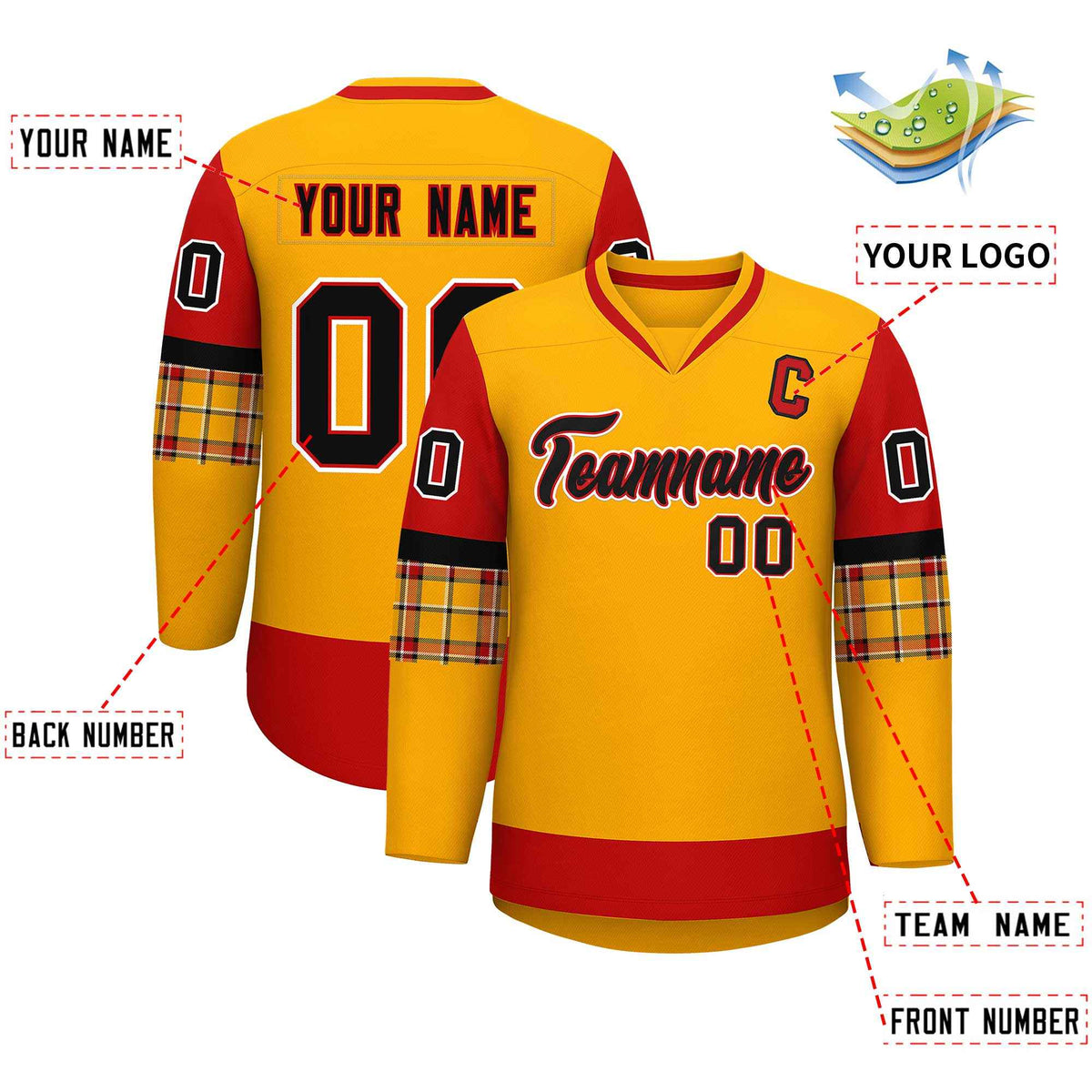Custom Yellow Red-Black Personalized Raglan Sleeves V-Neck Hockey Jersey | KXKSHOP