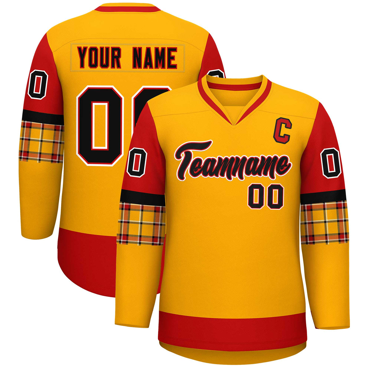 Custom Yellow Red-Black Personalized Raglan Sleeves V-Neck Hockey Jersey | KXKSHOP