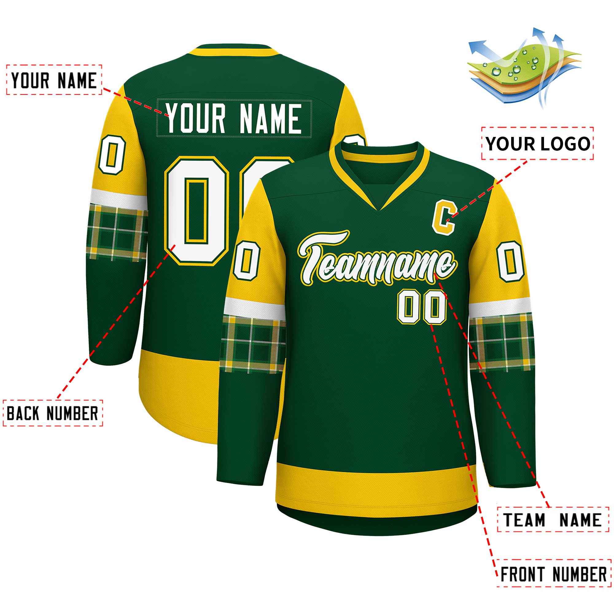 Custom Green Gold-White Personalized Raglan Sleeves V-Neck Hockey Jersey | KXKSHOP