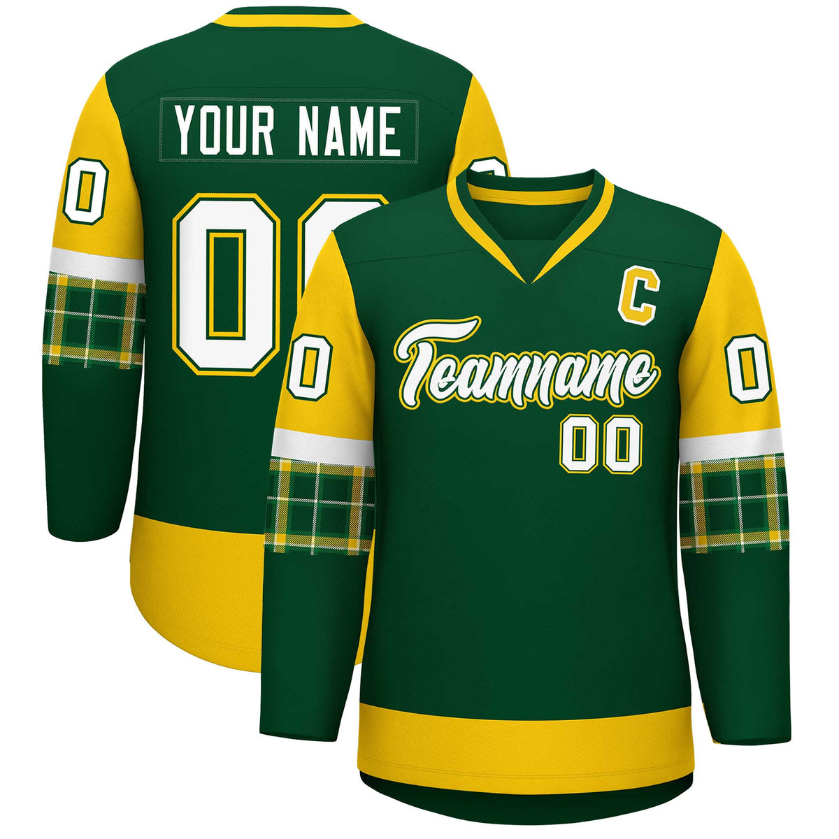 Custom Green Gold-White Personalized Raglan Sleeves V-Neck Hockey Jersey | KXKSHOP