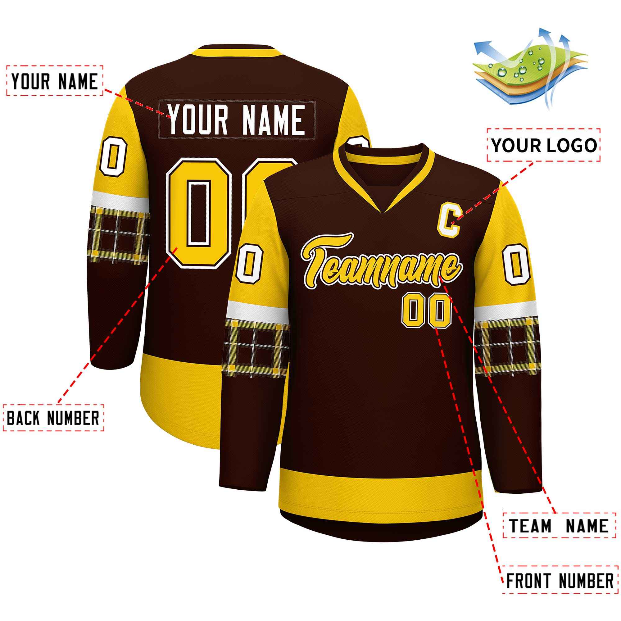 Custom Brown Gold-White Personalized Raglan Sleeves V-Neck Hockey Jersey | KXKSHOP