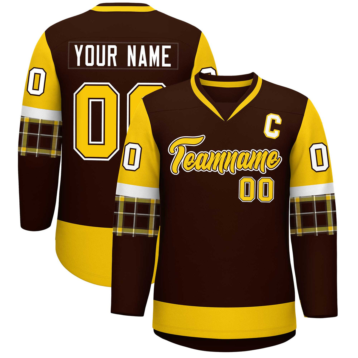 Custom Brown Gold-White Personalized Raglan Sleeves V-Neck Hockey Jersey | KXKSHOP