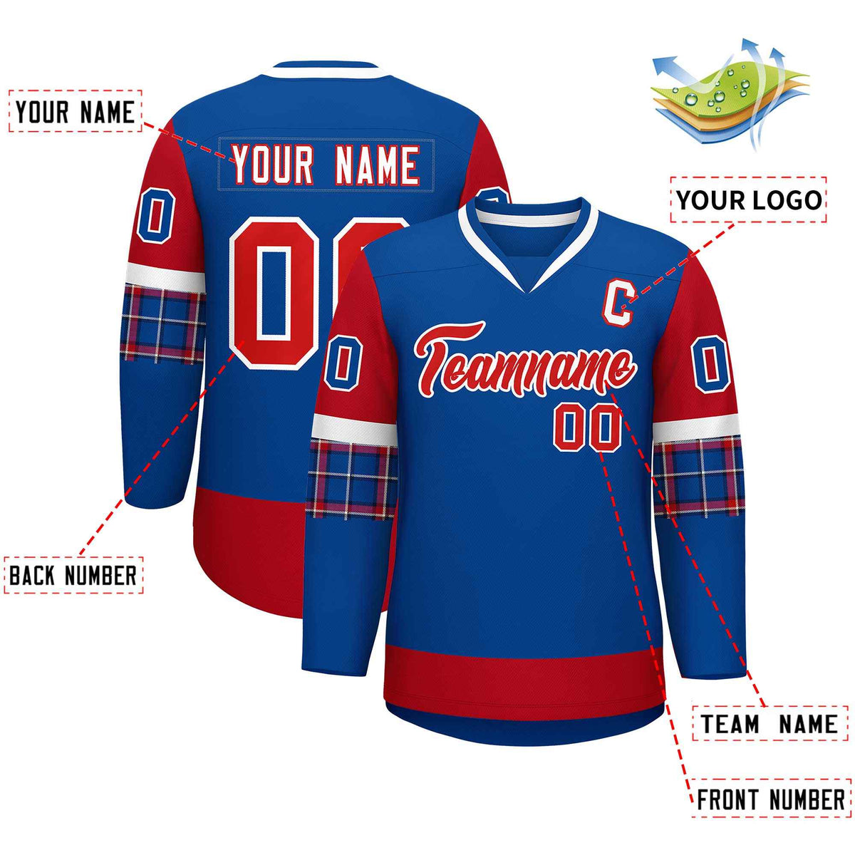 Custom Royal Red-White Personalized Raglan Sleeves V-Neck Hockey Jersey | KXKSHOP