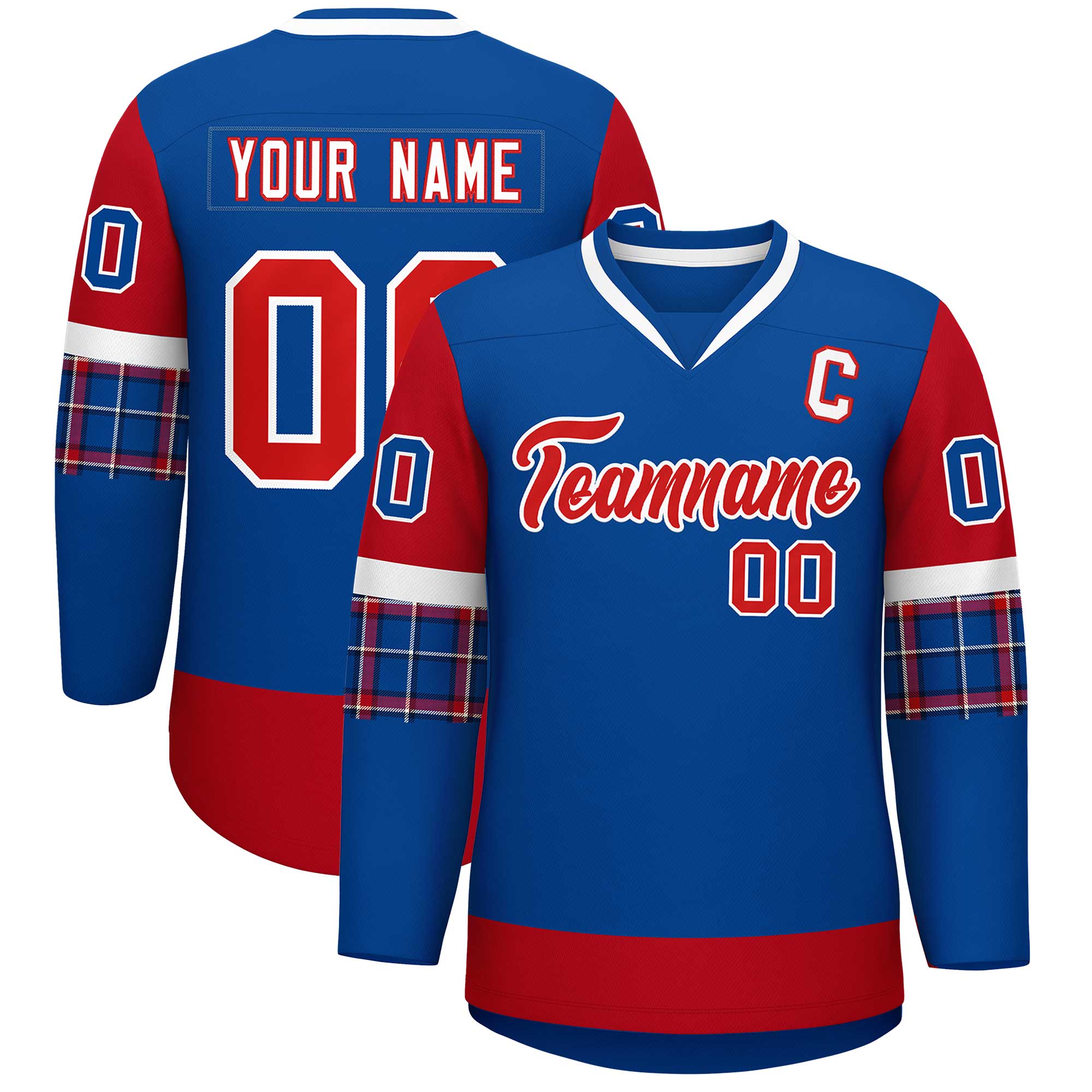 Custom Royal Red-White Personalized Raglan Sleeves V-Neck Hockey Jersey | KXKSHOP