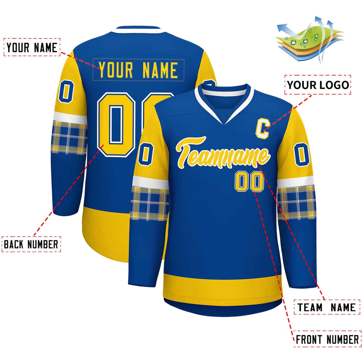 Custom Royal Gold-White Personalized Raglan Sleeves V-Neck Hockey Jersey | KXKSHOP