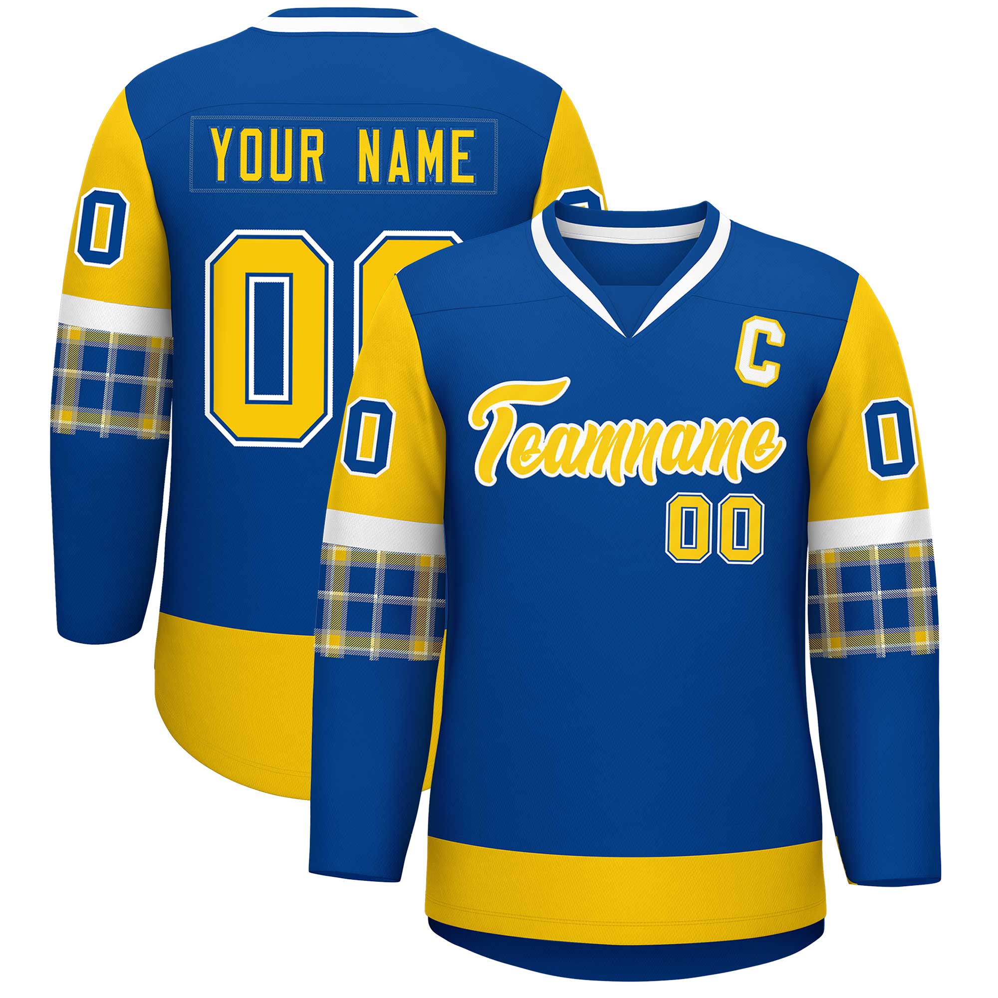 Custom Royal Gold-White Personalized Raglan Sleeves V-Neck Hockey Jersey | KXKSHOP