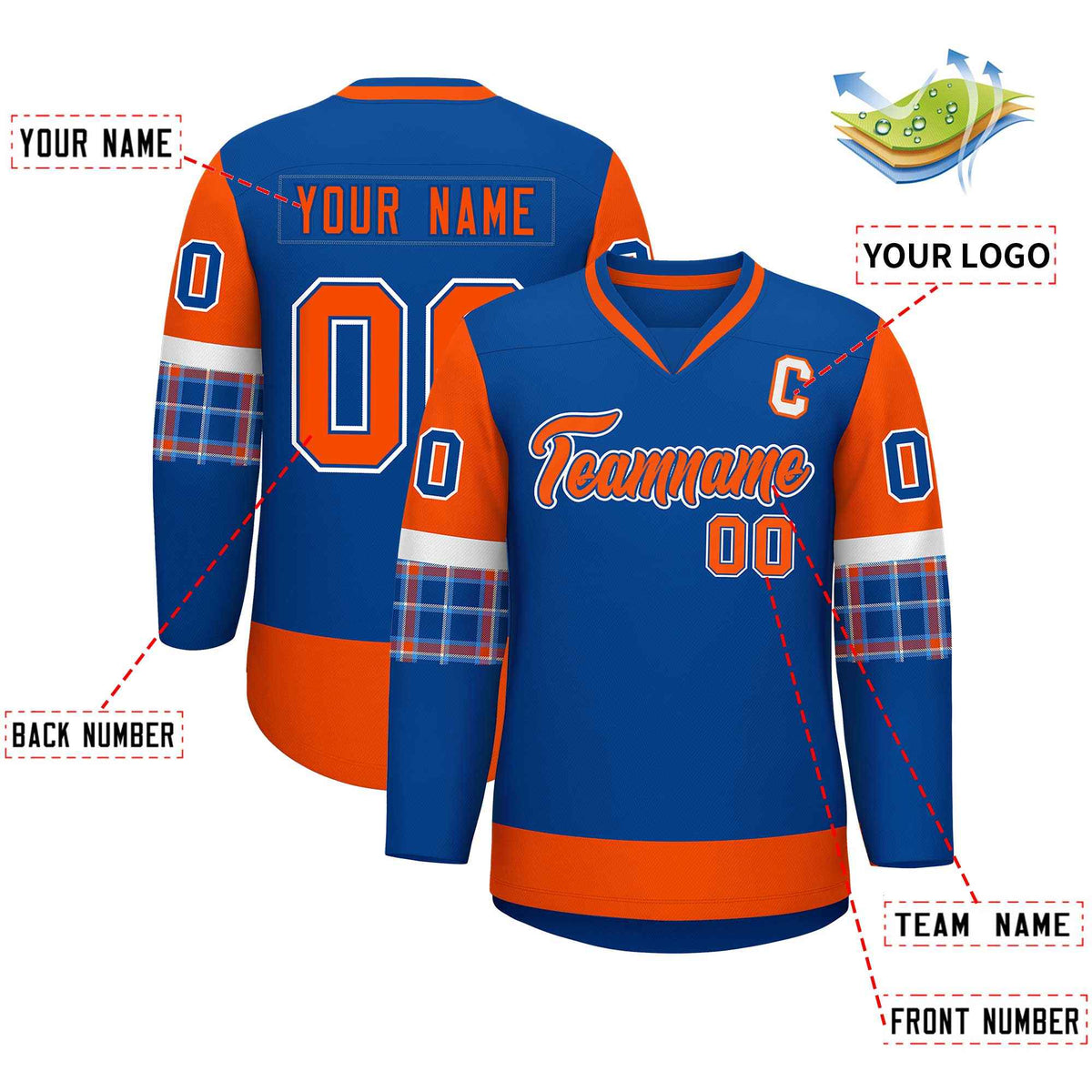 Custom Royal Orange-White Personalized Raglan Sleeves V-Neck Hockey Jersey | KXKSHOP