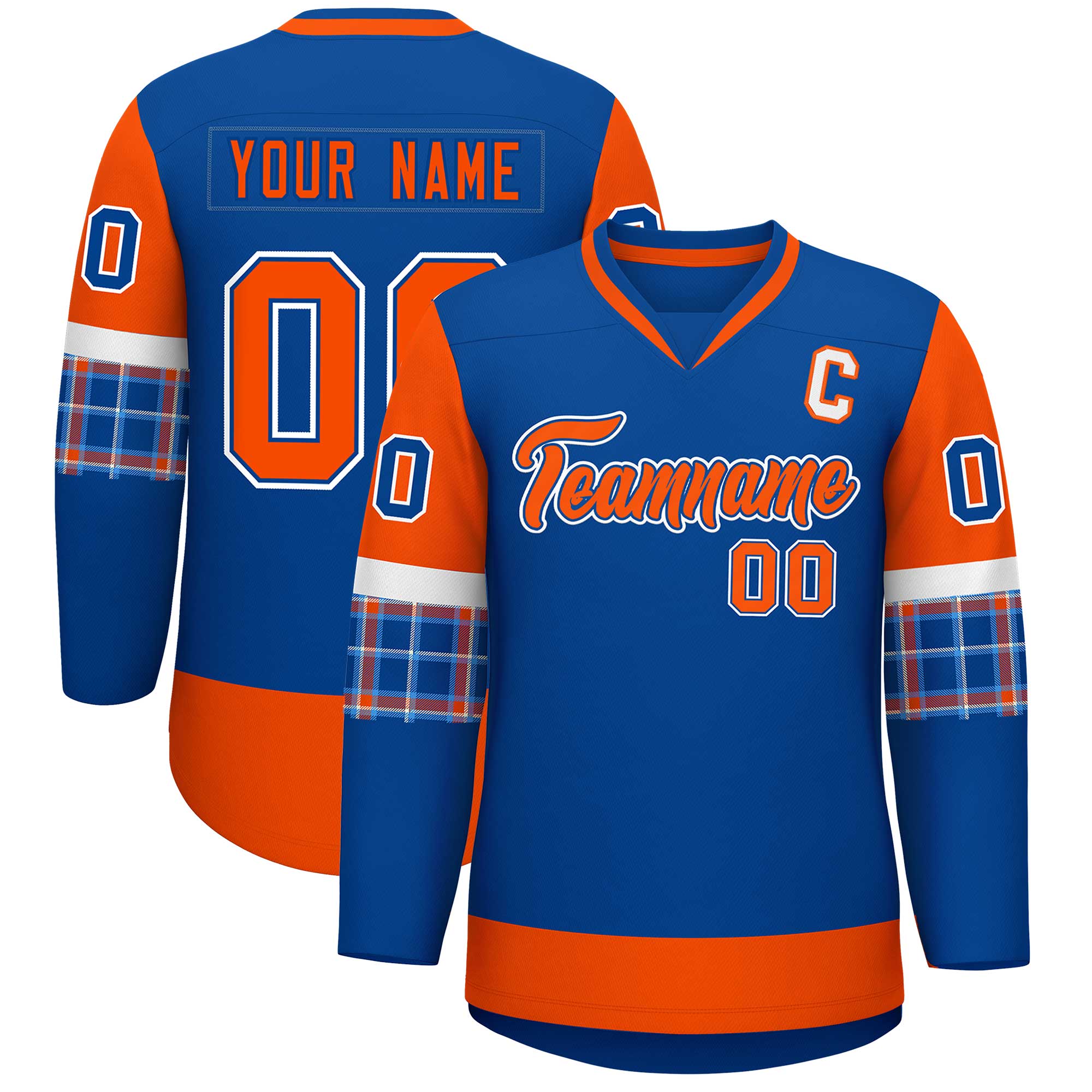 Custom Royal Orange-White Personalized Raglan Sleeves V-Neck Hockey Jersey | KXKSHOP