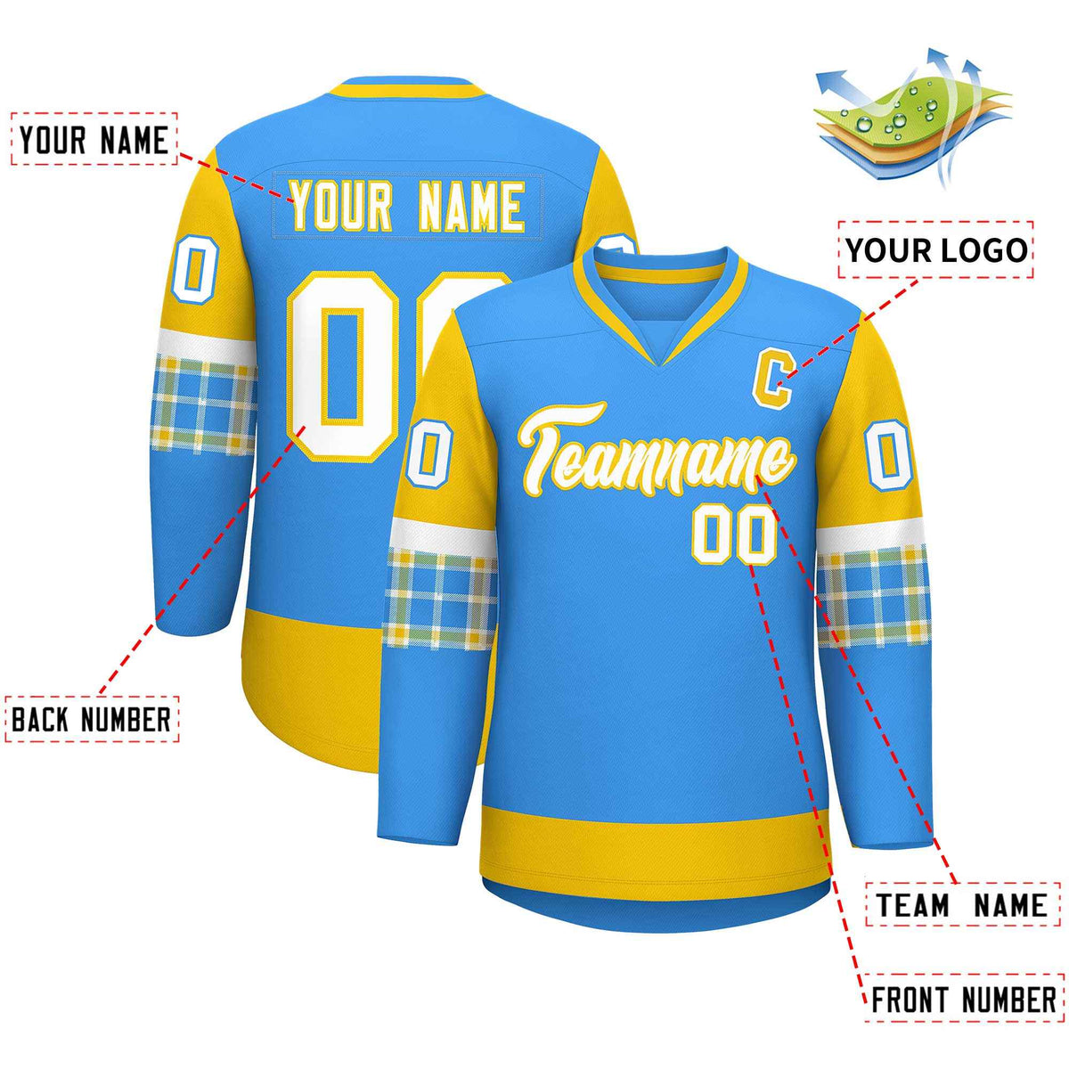 Custom Powder Blue Gold-White Personalized Raglan Sleeves V-Neck Hockey Jersey | KXKSHOP