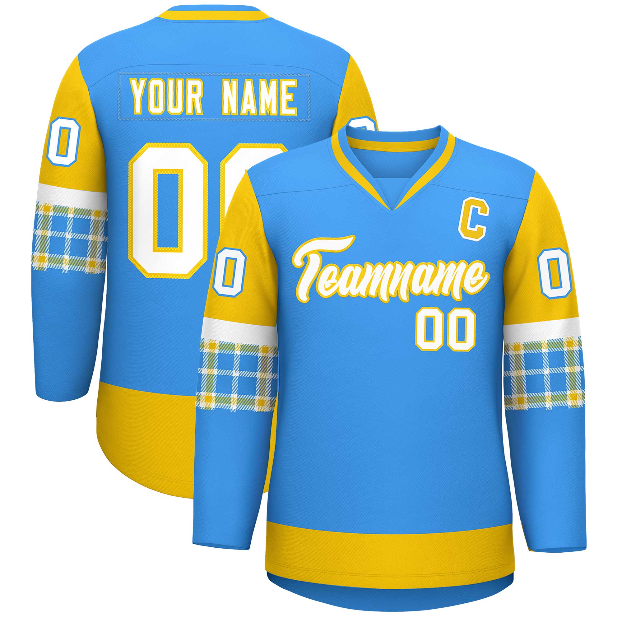 Custom Powder Blue Gold-White Personalized Raglan Sleeves V-Neck Hockey Jersey | KXKSHOP