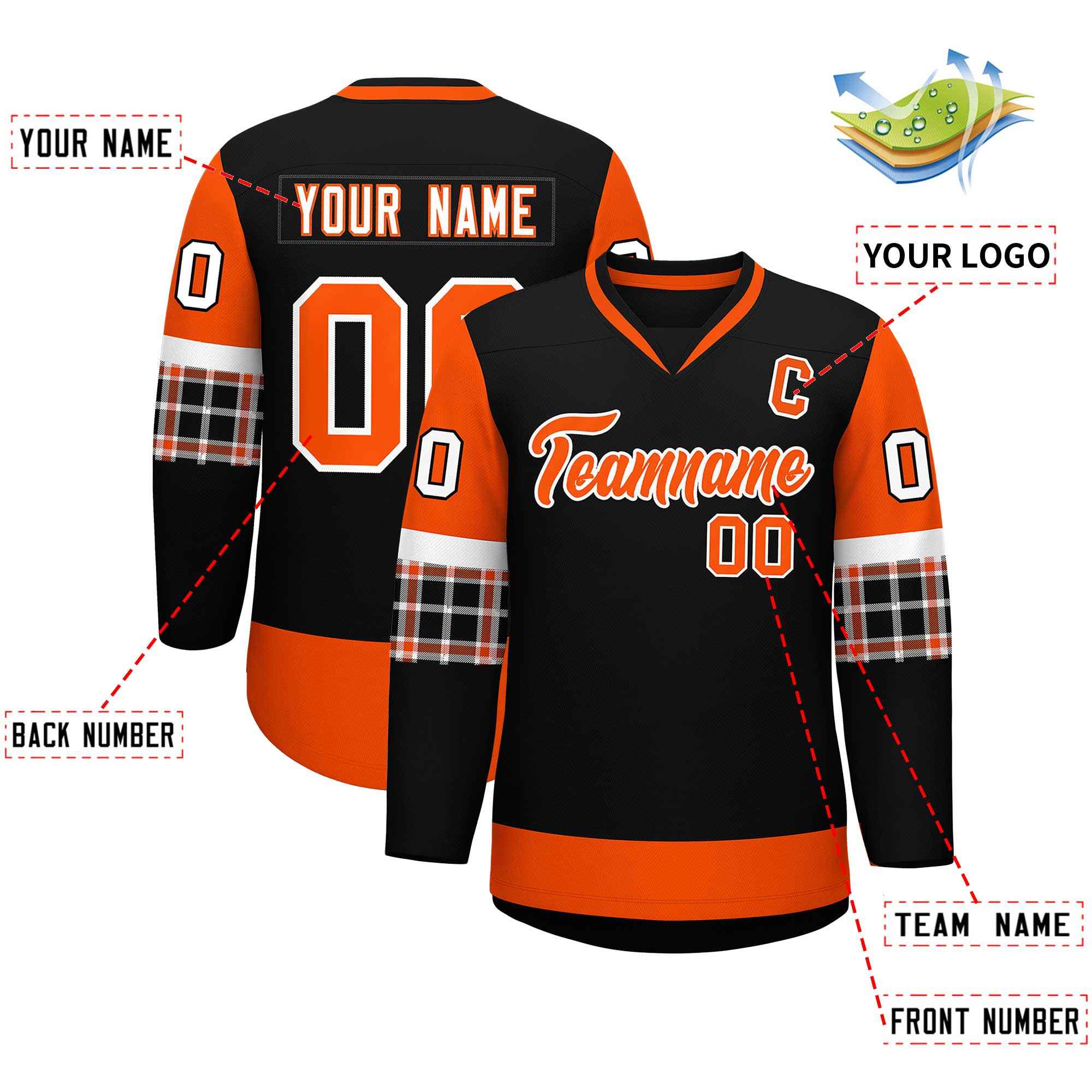Custom Black Orange-White Personalized Raglan Sleeves V-Neck Hockey Jersey | KXKSHOP