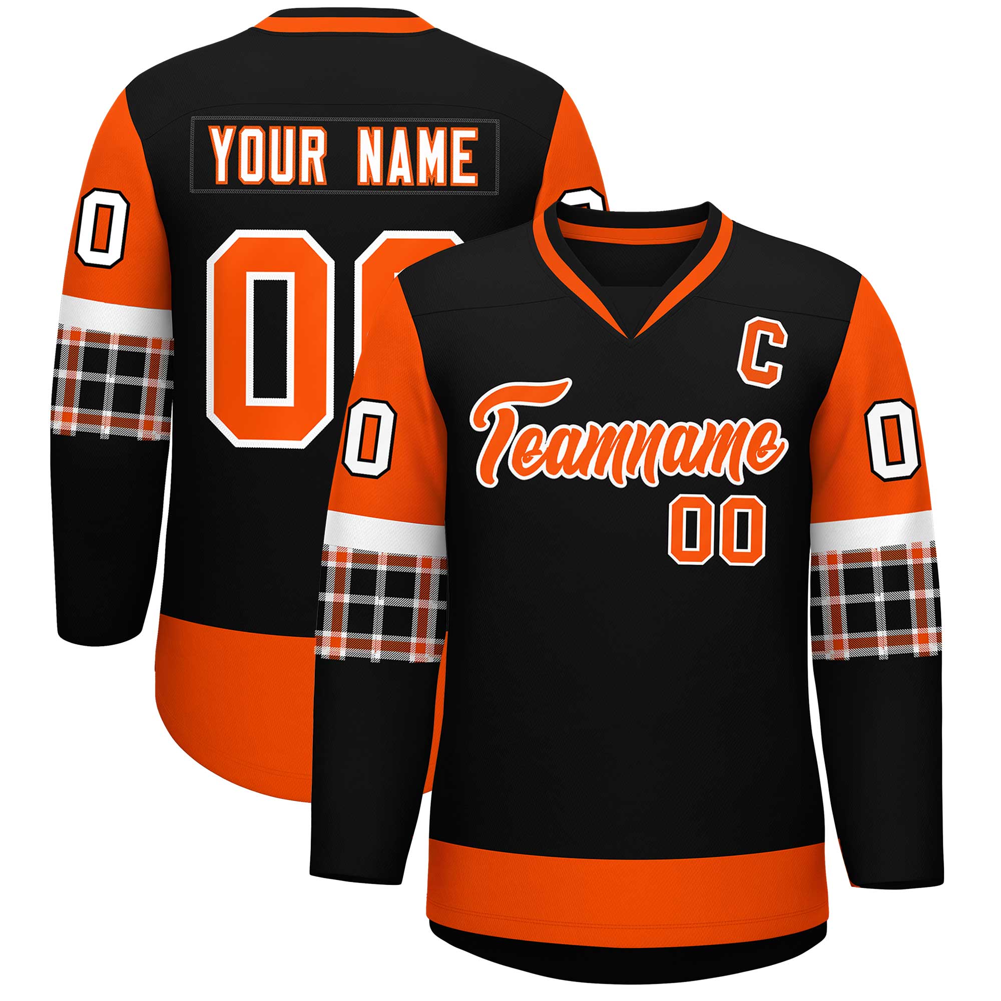 Custom Black Orange-White Personalized Raglan Sleeves V-Neck Hockey Jersey | KXKSHOP