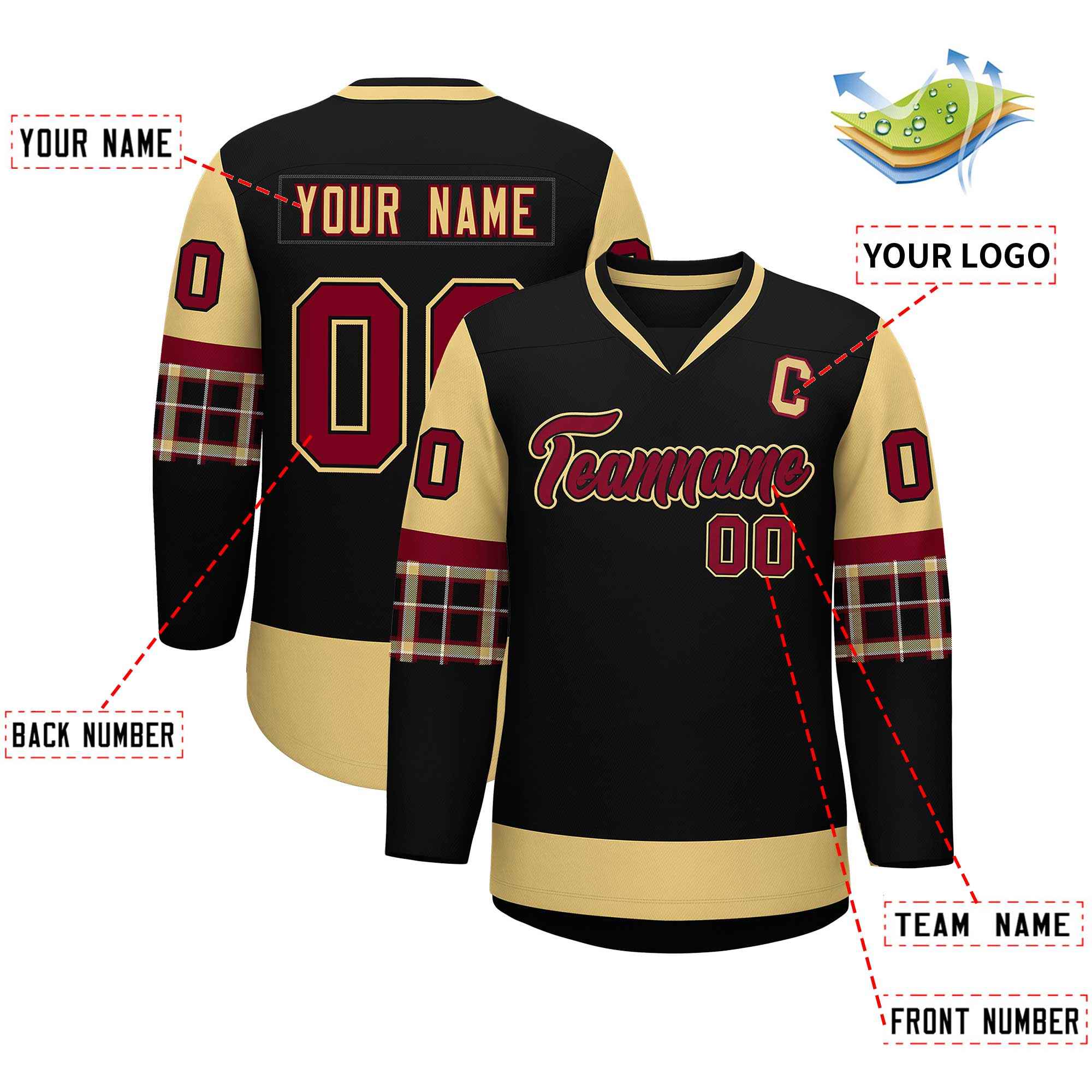 Custom Black Khaki-Crimson Personalized Raglan Sleeves V-Neck Hockey Jersey | KXKSHOP