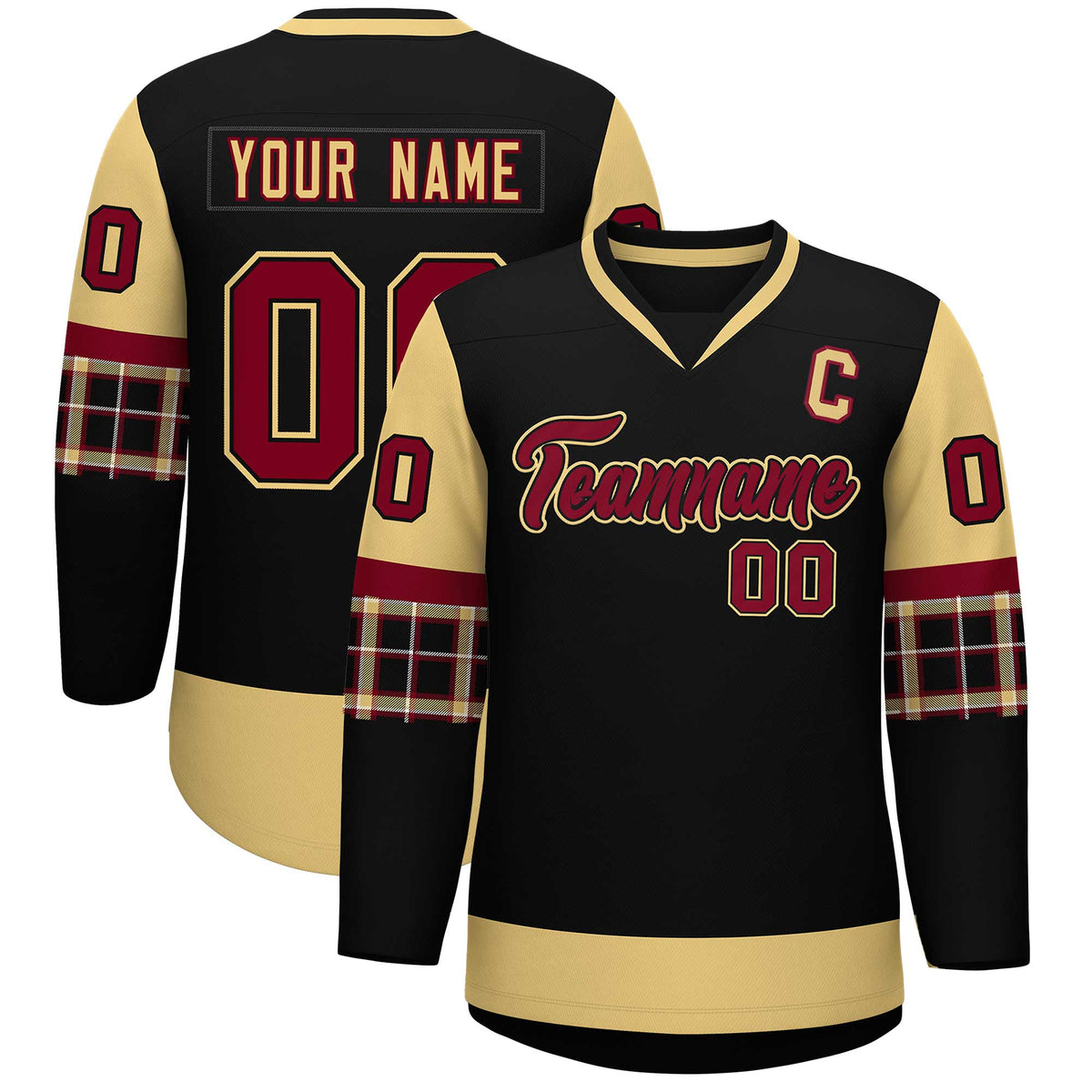 Custom Black Khaki-Crimson Personalized Raglan Sleeves V-Neck Hockey Jersey | KXKSHOP
