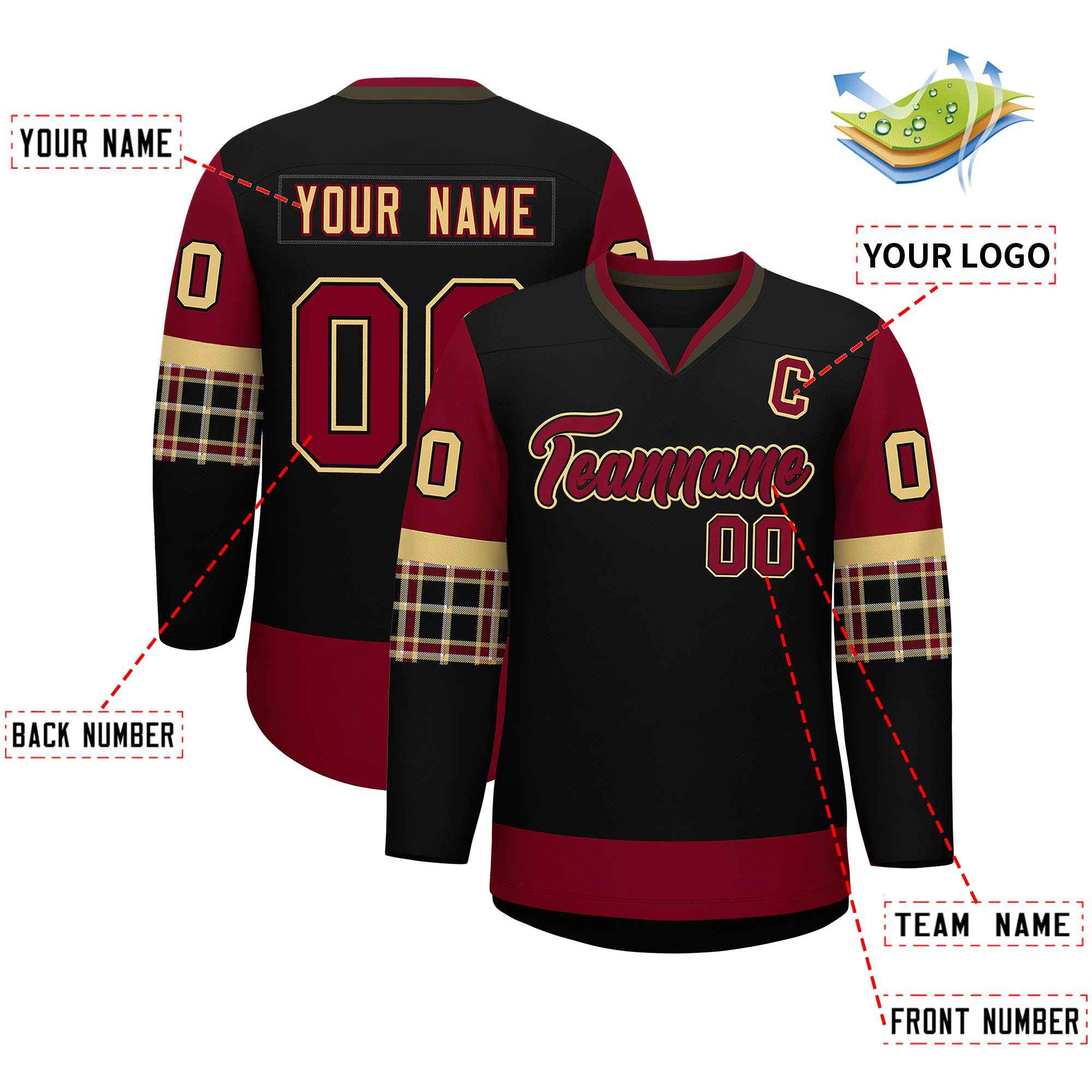 Custom Black Crimson-Khaki Personalized Raglan Sleeves V-Neck Hockey Jersey | KXKSHOP