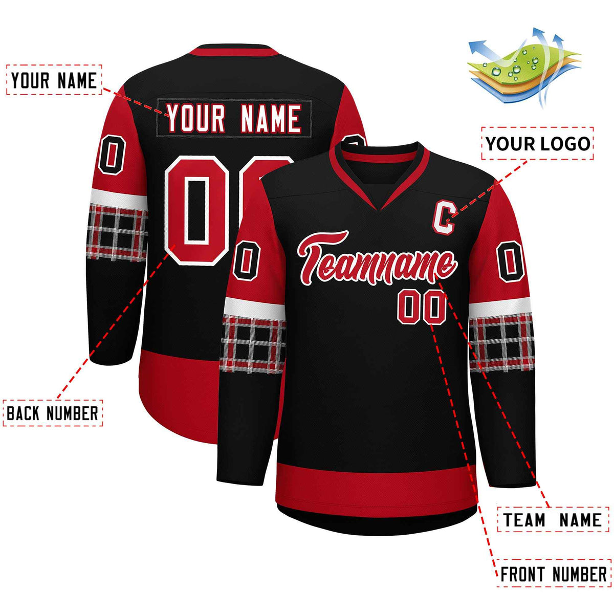 Custom Black Red-White Personalized Raglan Sleeves V-Neck Hockey Jersey | KXKSHOP