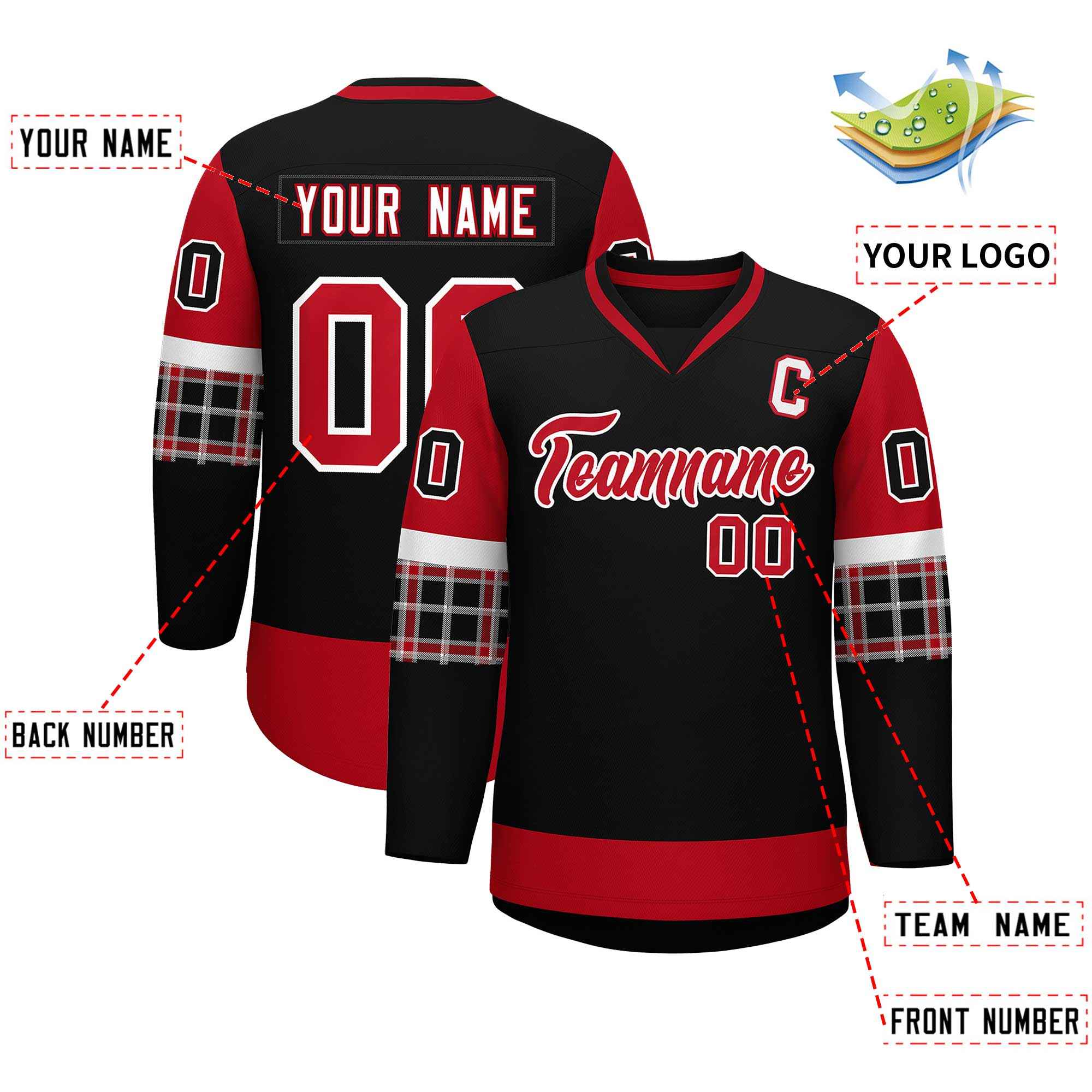 Custom Black Red-White Personalized Raglan Sleeves V-Neck Hockey Jersey | KXKSHOP