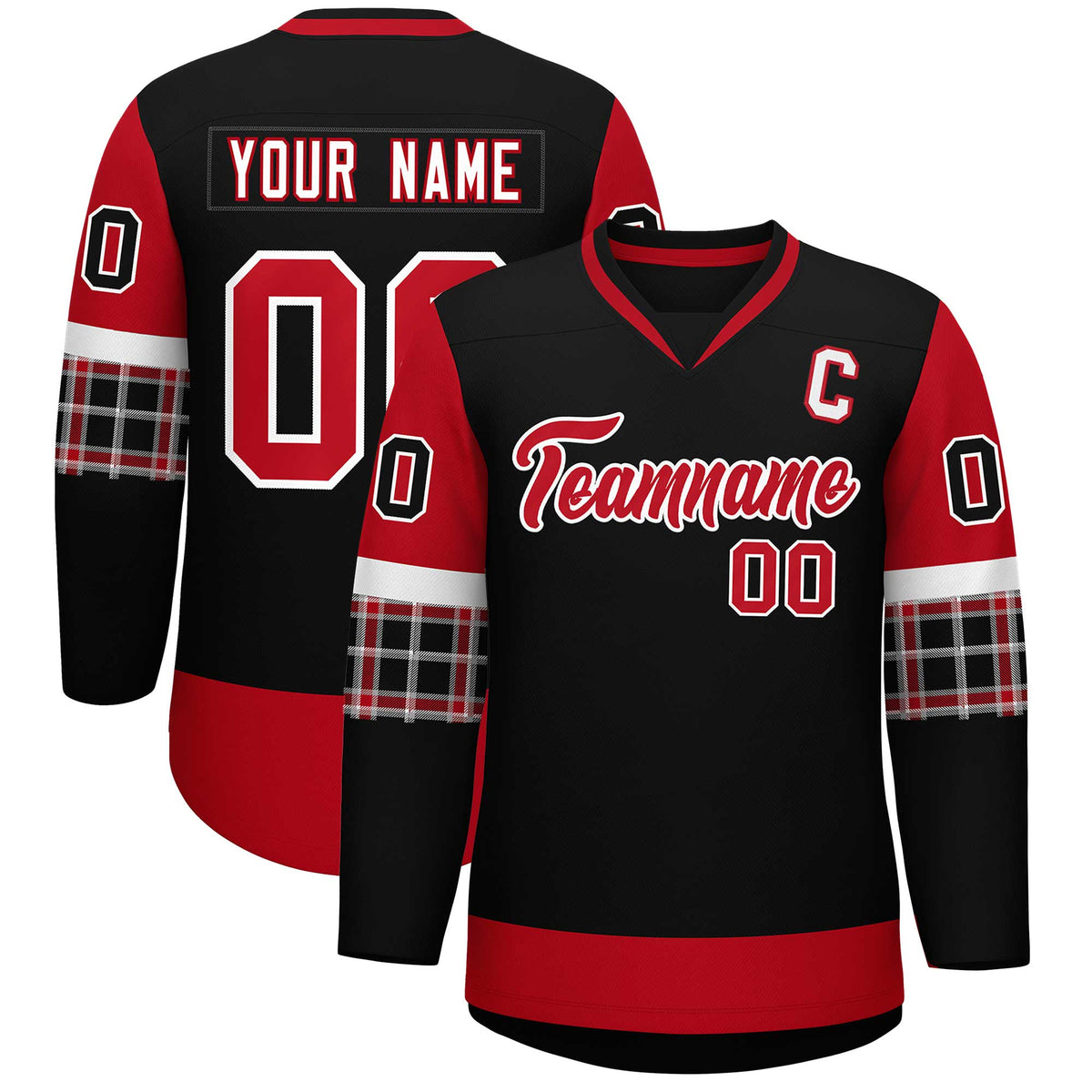 Custom Black Red-White Personalized Raglan Sleeves V-Neck Hockey Jersey | KXKSHOP