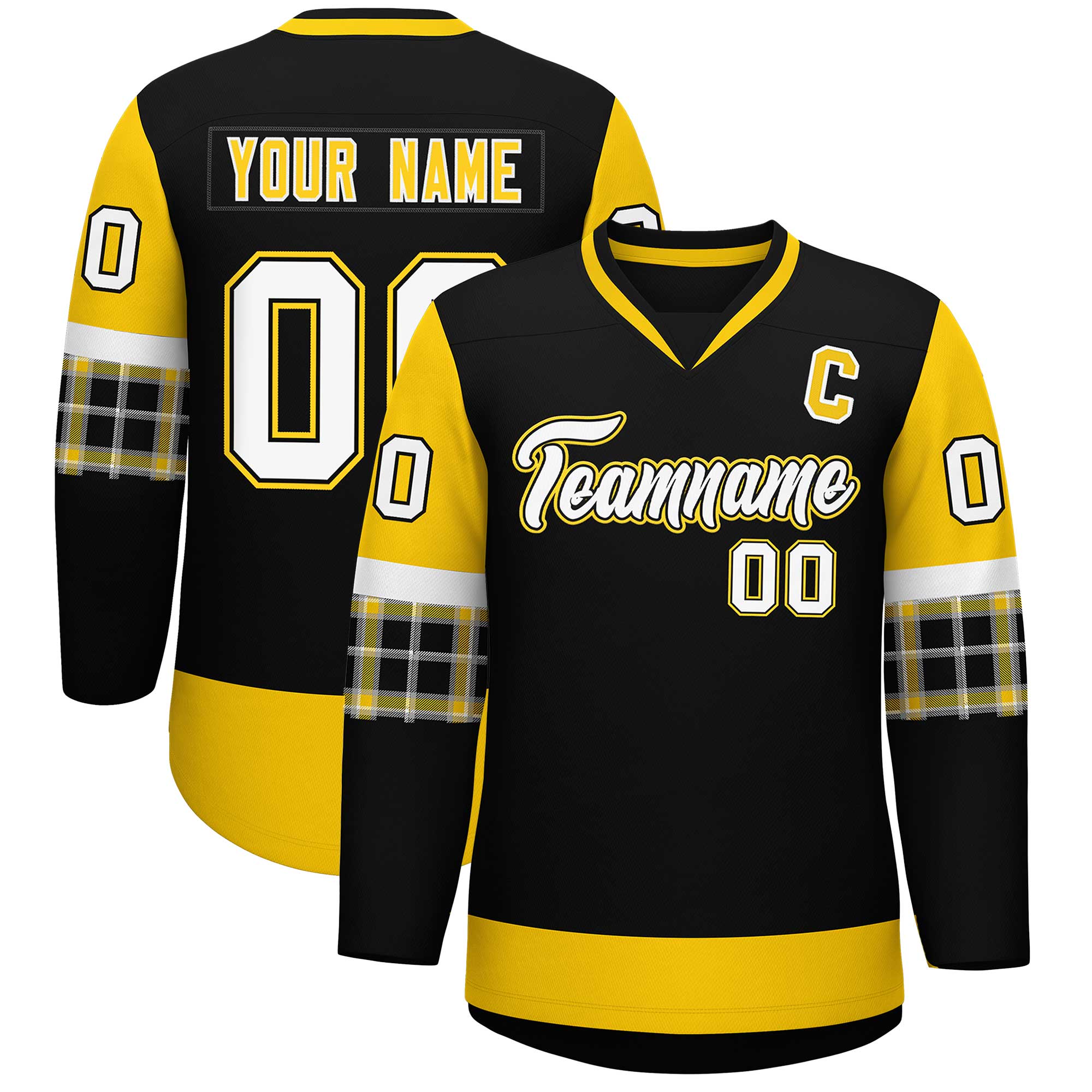 Custom Black Gold-White Personalized Raglan Sleeves V-Neck Hockey Jersey | KXKSHOP