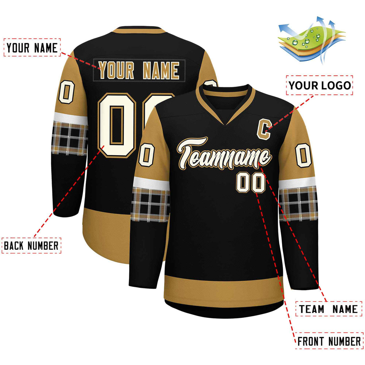 Custom Black Old Gold-White Personalized Raglan Sleeves V-Neck Hockey Jersey | KXKSHOP