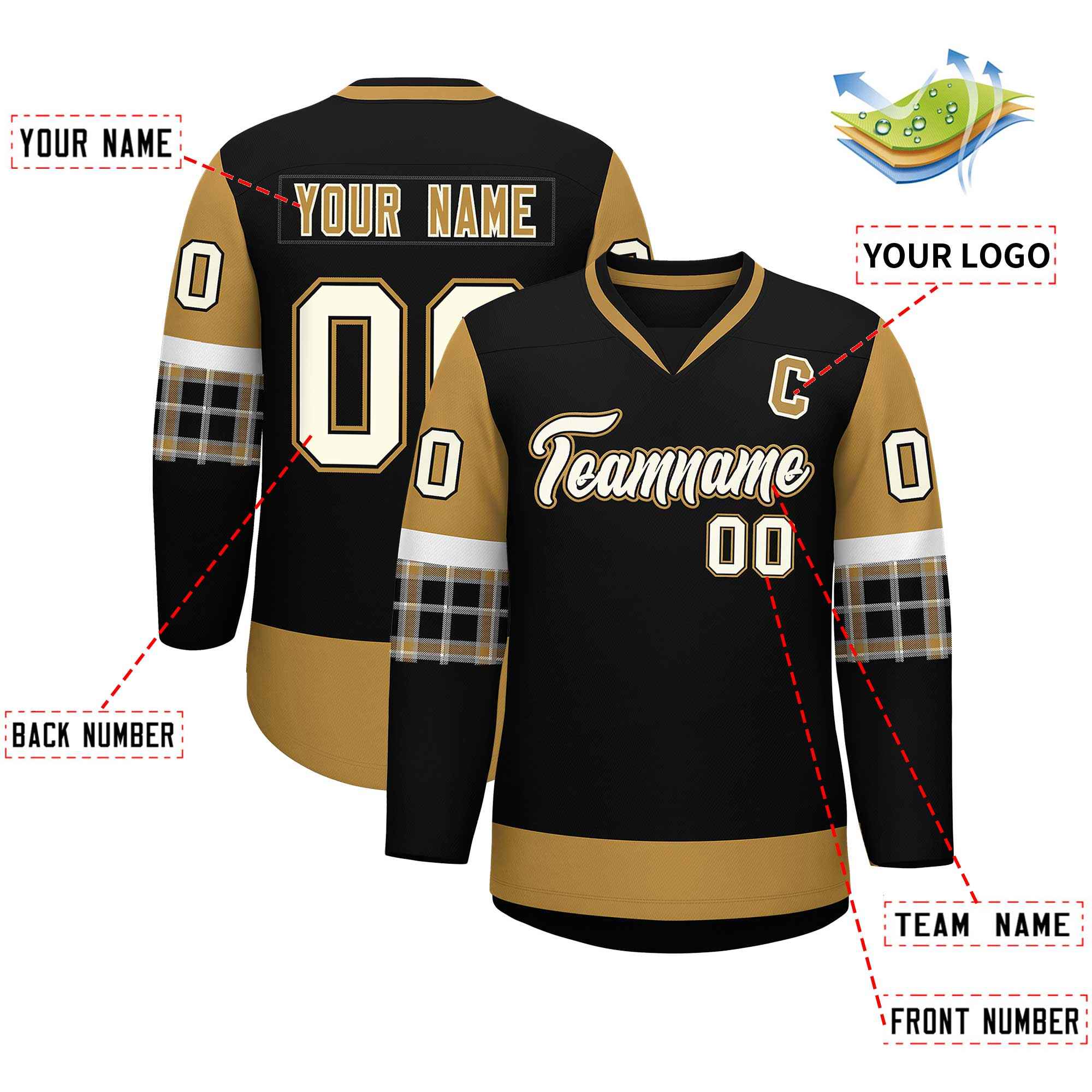 Custom Black Old Gold-White Personalized Raglan Sleeves V-Neck Hockey Jersey | KXKSHOP