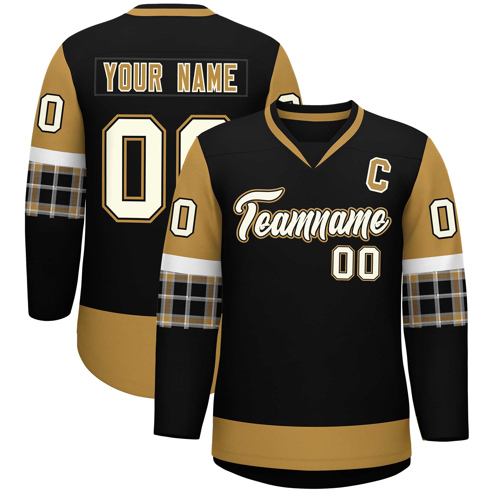 Custom Black Old Gold-White Personalized Raglan Sleeves V-Neck Hockey Jersey | KXKSHOP