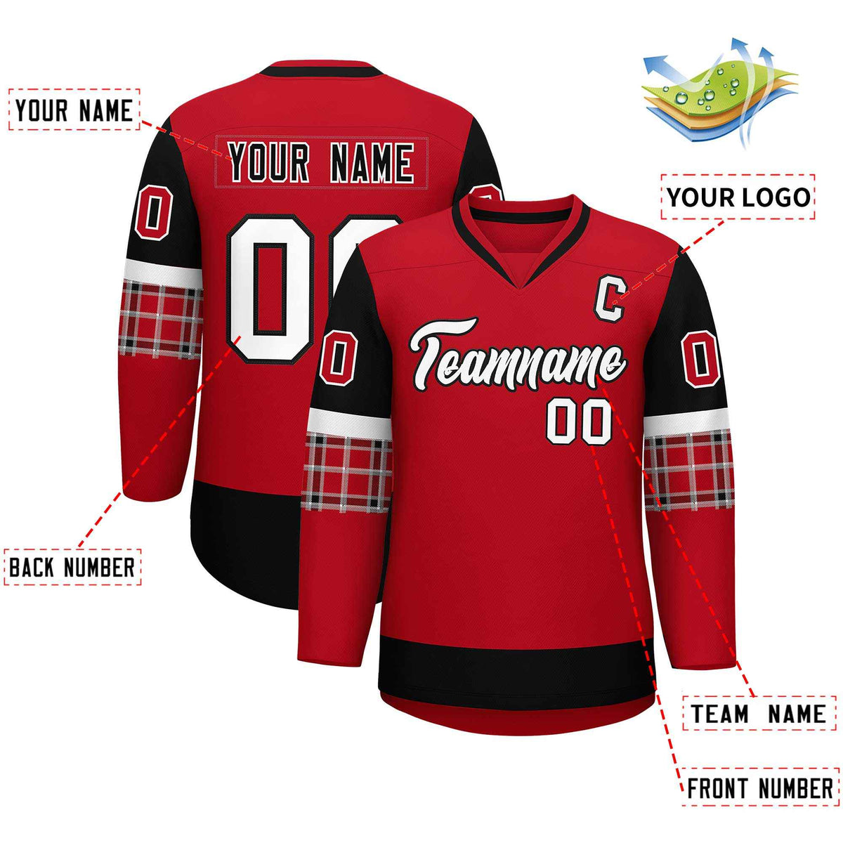 Custom Red Black-White Personalized Raglan Sleeves V-Neck Hockey Jersey | KXKSHOP