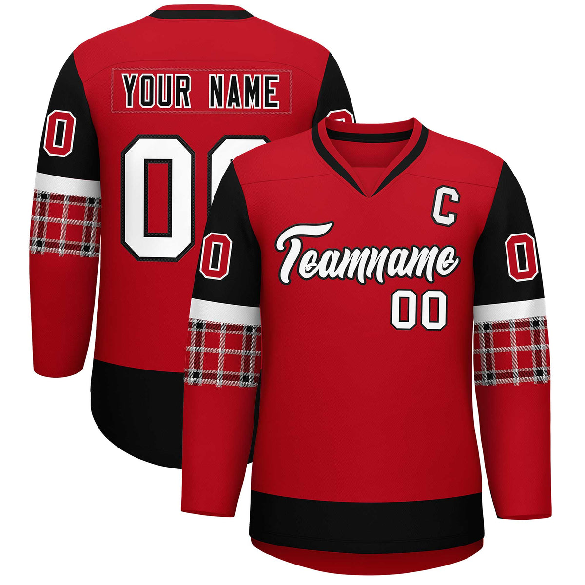 Custom Red Black-White Personalized Raglan Sleeves V-Neck Hockey Jersey | KXKSHOP