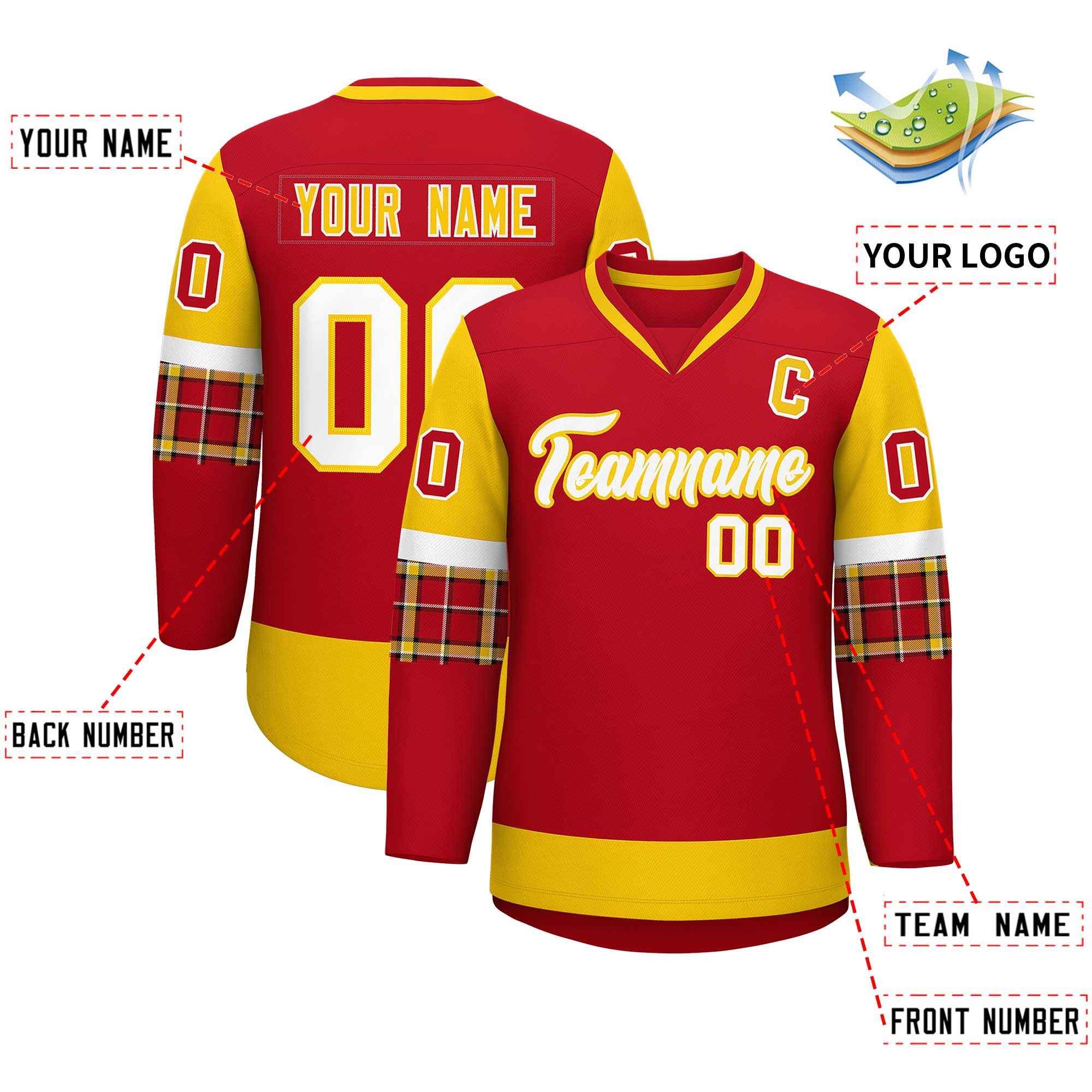 Custom Red Gold-White Personalized Raglan Sleeves V-Neck Hockey Jersey | KXKSHOP
