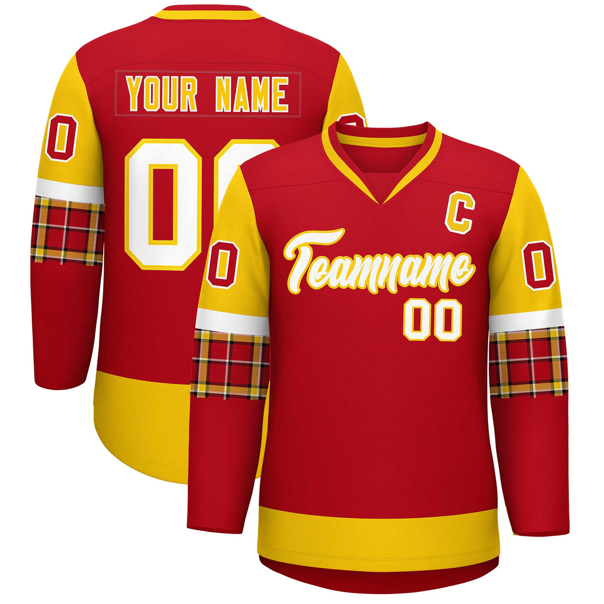 Custom Red Gold-White Personalized Raglan Sleeves V-Neck Hockey Jersey | KXKSHOP