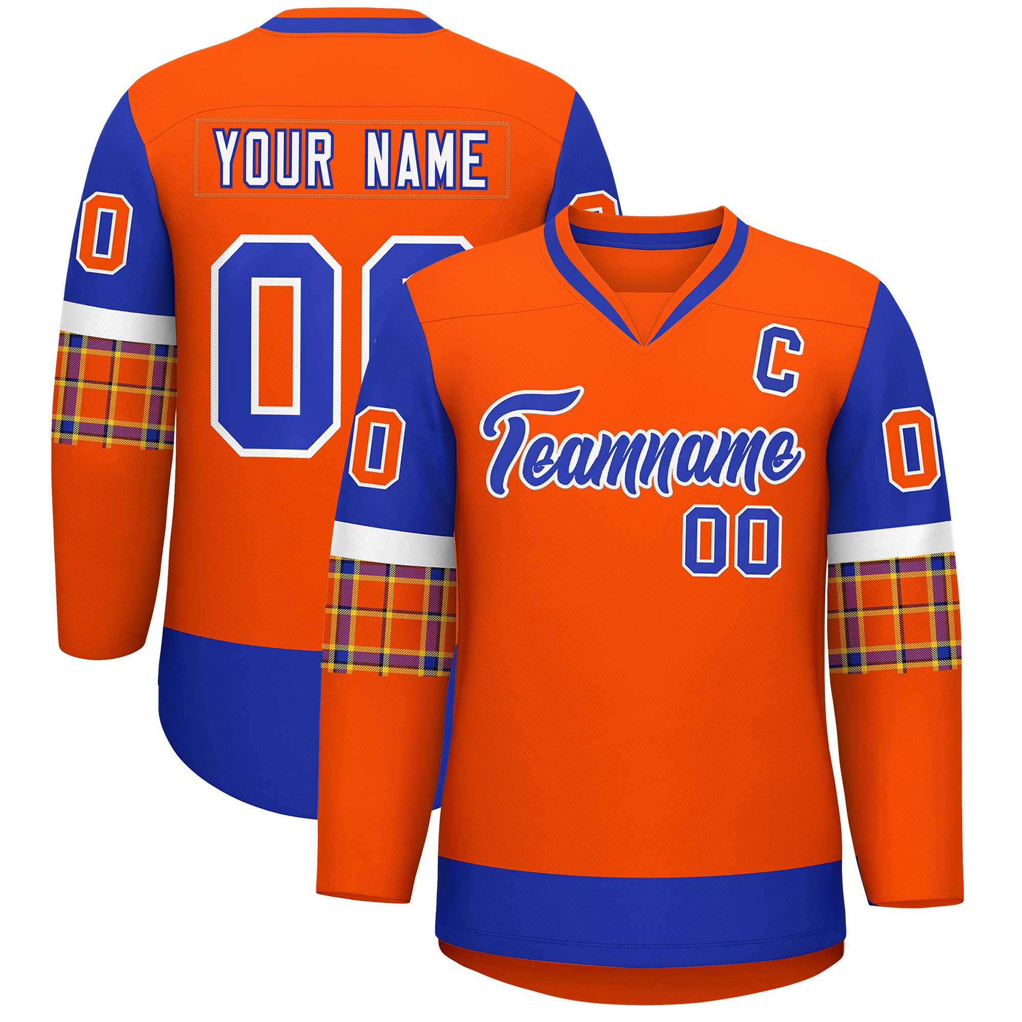 Custom Orange Royal-White Personalized Raglan Sleeves V-Neck Hockey Jersey | KXKSHOP