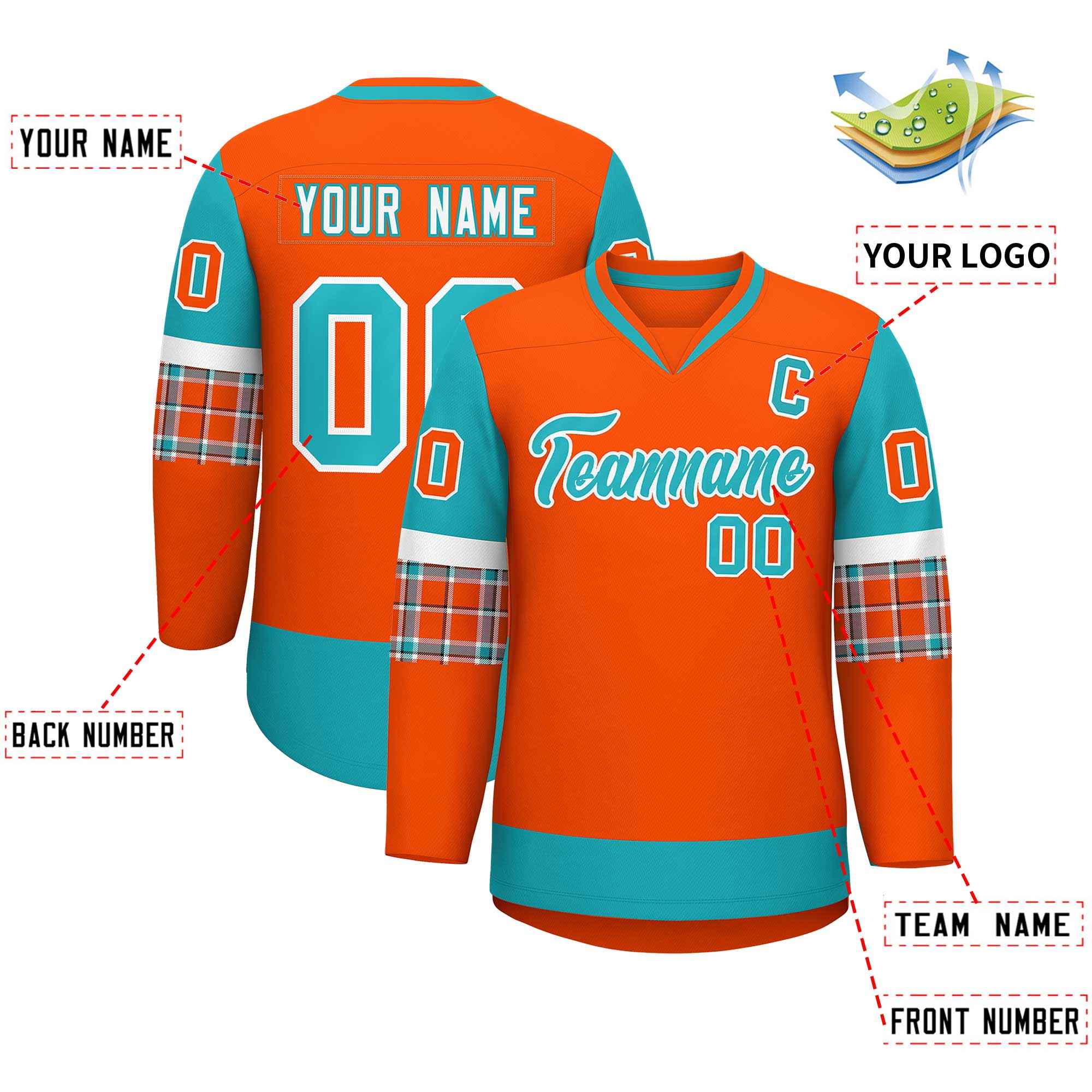 Custom Orange Aqua-White Personalized Raglan Sleeves V-Neck Hockey Jersey | KXKSHOP